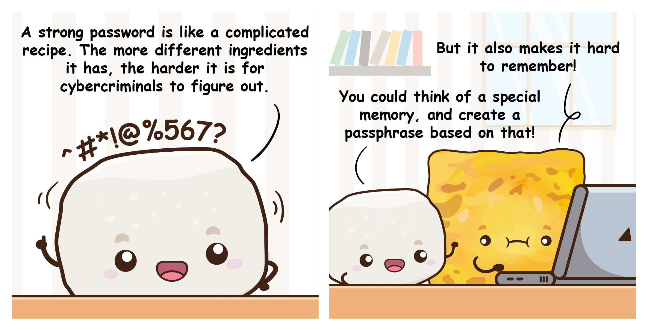 Cartoon blobs discuss strong passwords like recipes; one shows symbols, another sits by a laptop with toast.