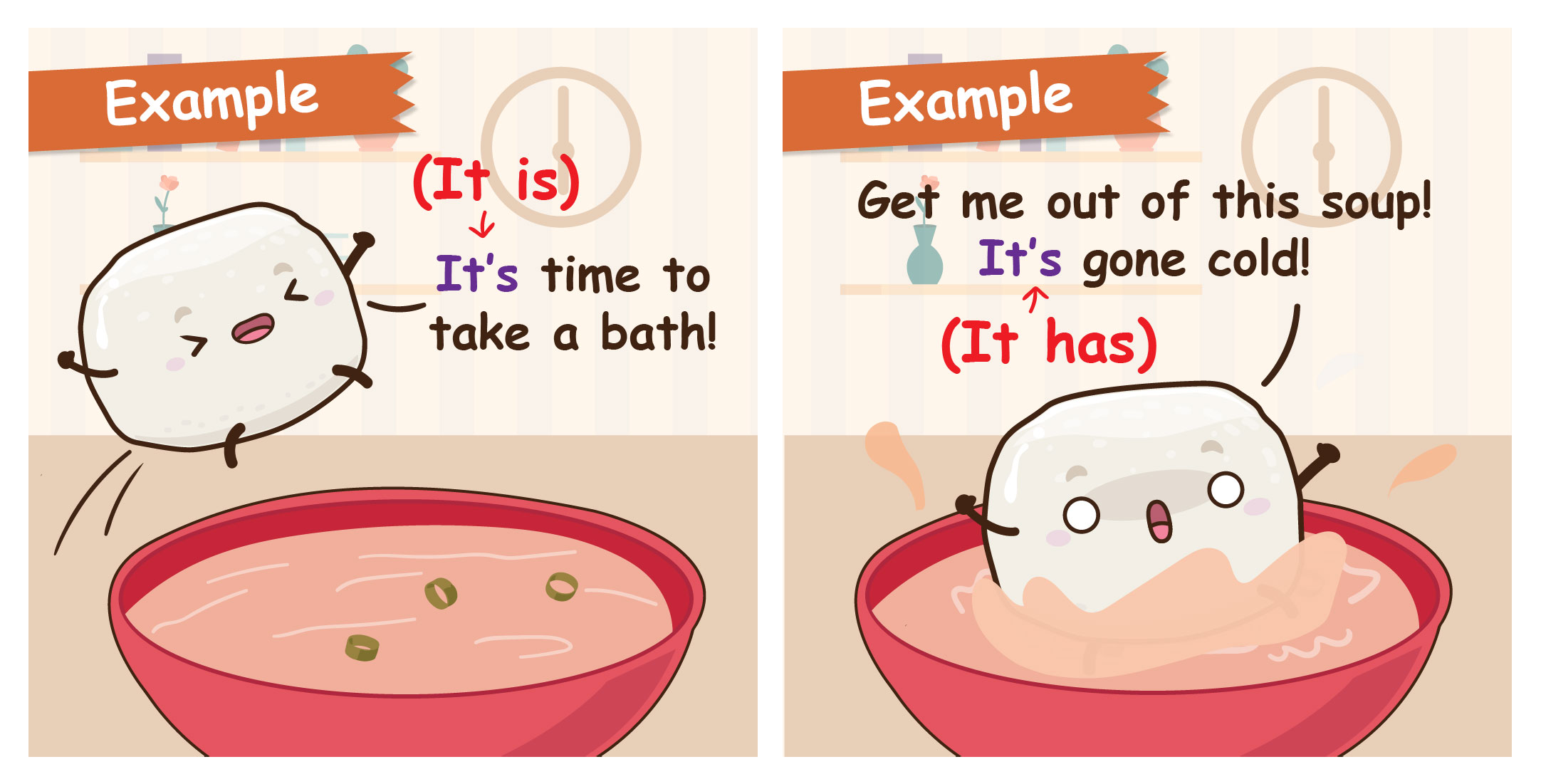 Two-panel comic featuring Bouncy jumping into soup, demonstrating "It's" as a contraction for "It is" and "It has".