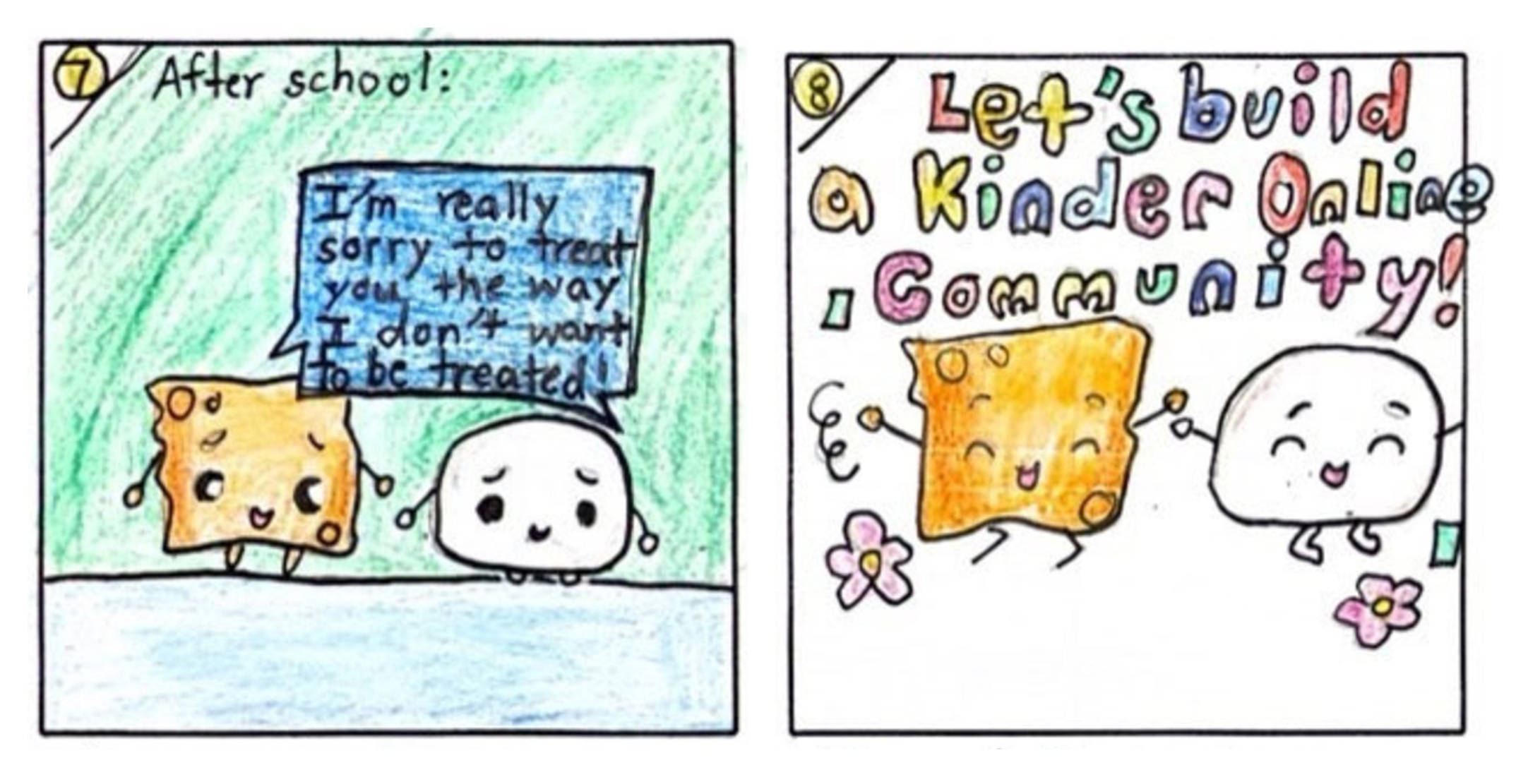 Two-panel cartoon: after school apology; then two smiling snacks holding hands under “Let’s build a Kinder Online Community!”
