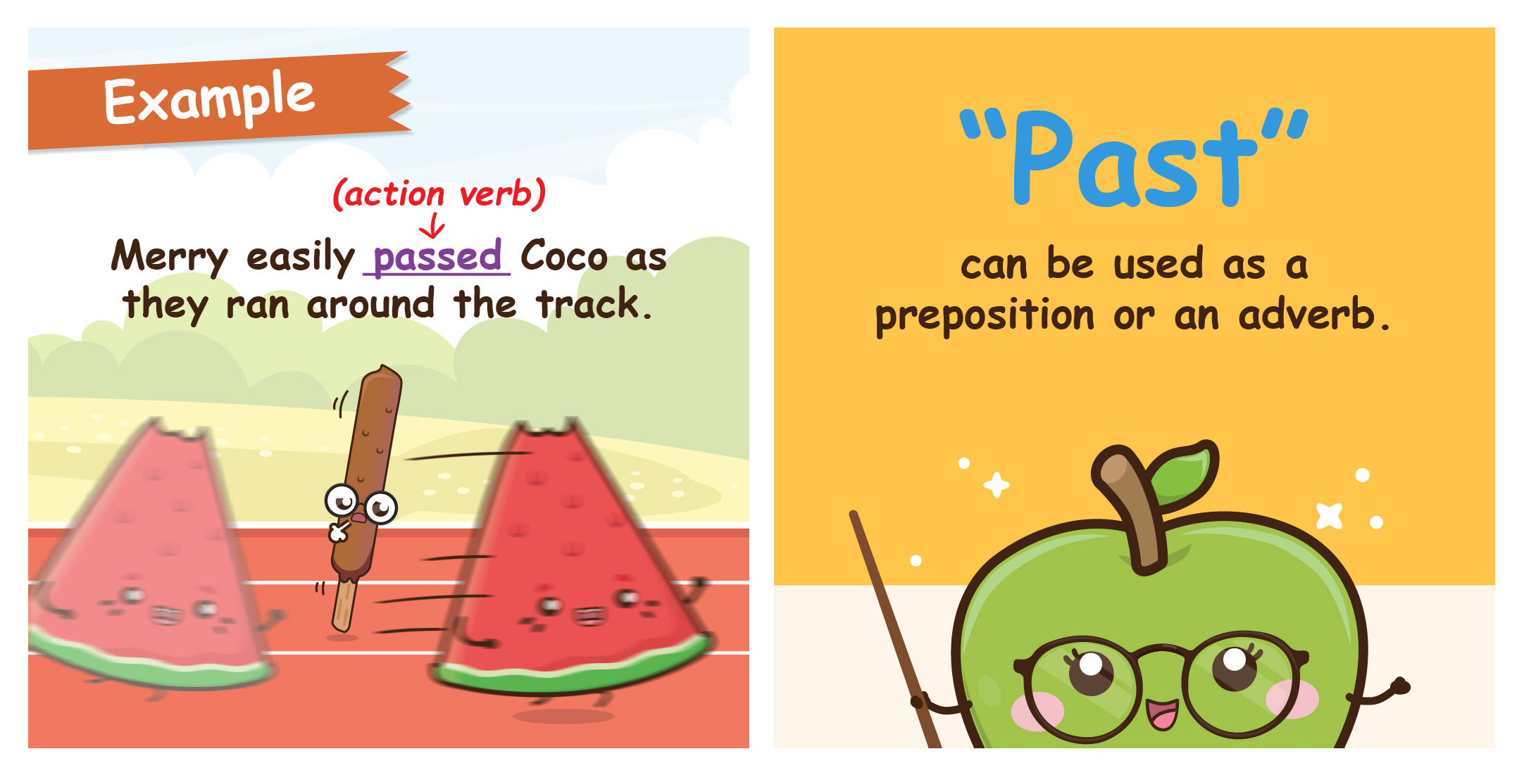 Two-panel comic demonstrating "passed" as an action verb with Merry running past Coco, followed by Ms. G defining "Past".