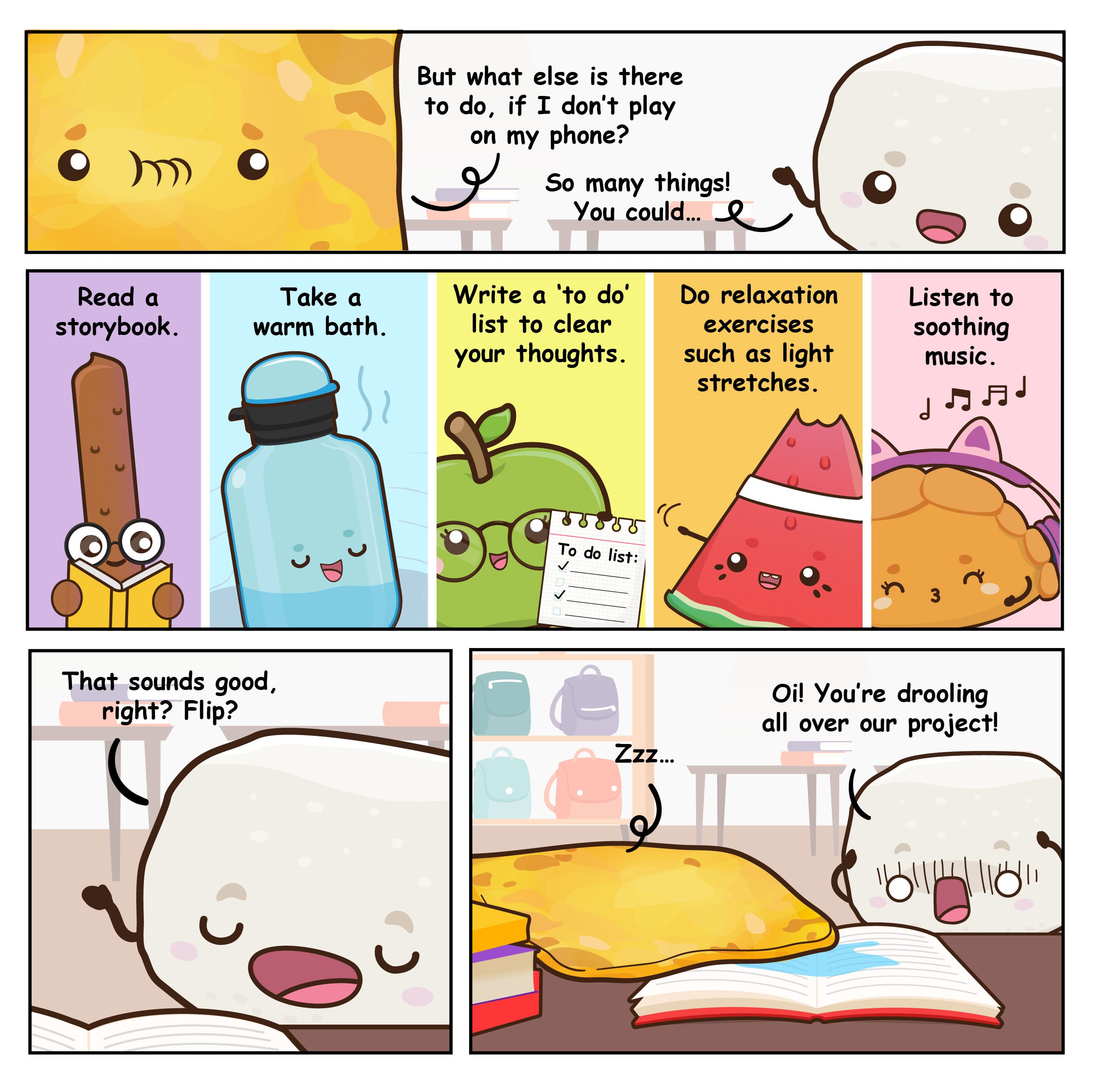 Comic shows phone-free activities; marshmallow asks, then drooling yellow blob naps on an open book.