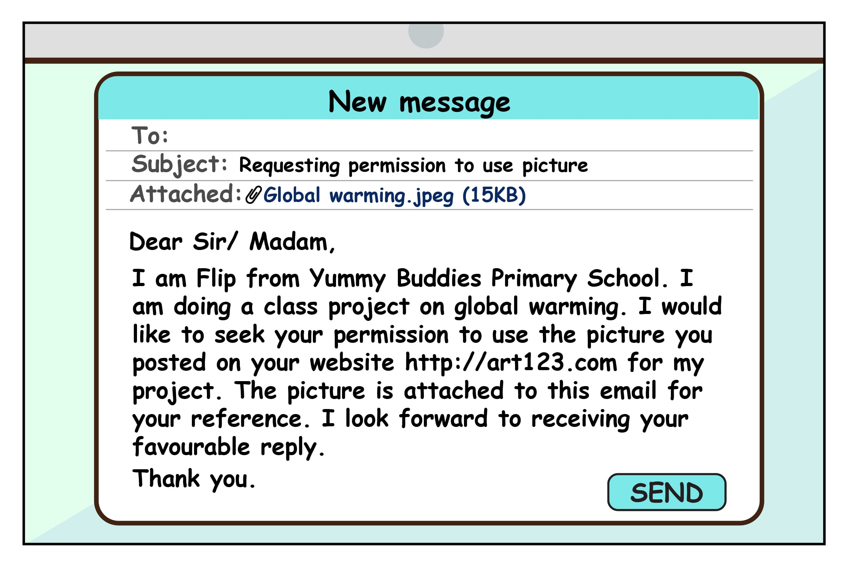 Email draft requesting permission to use a global warming picture, with attachment Global warming.jpeg and Send button.