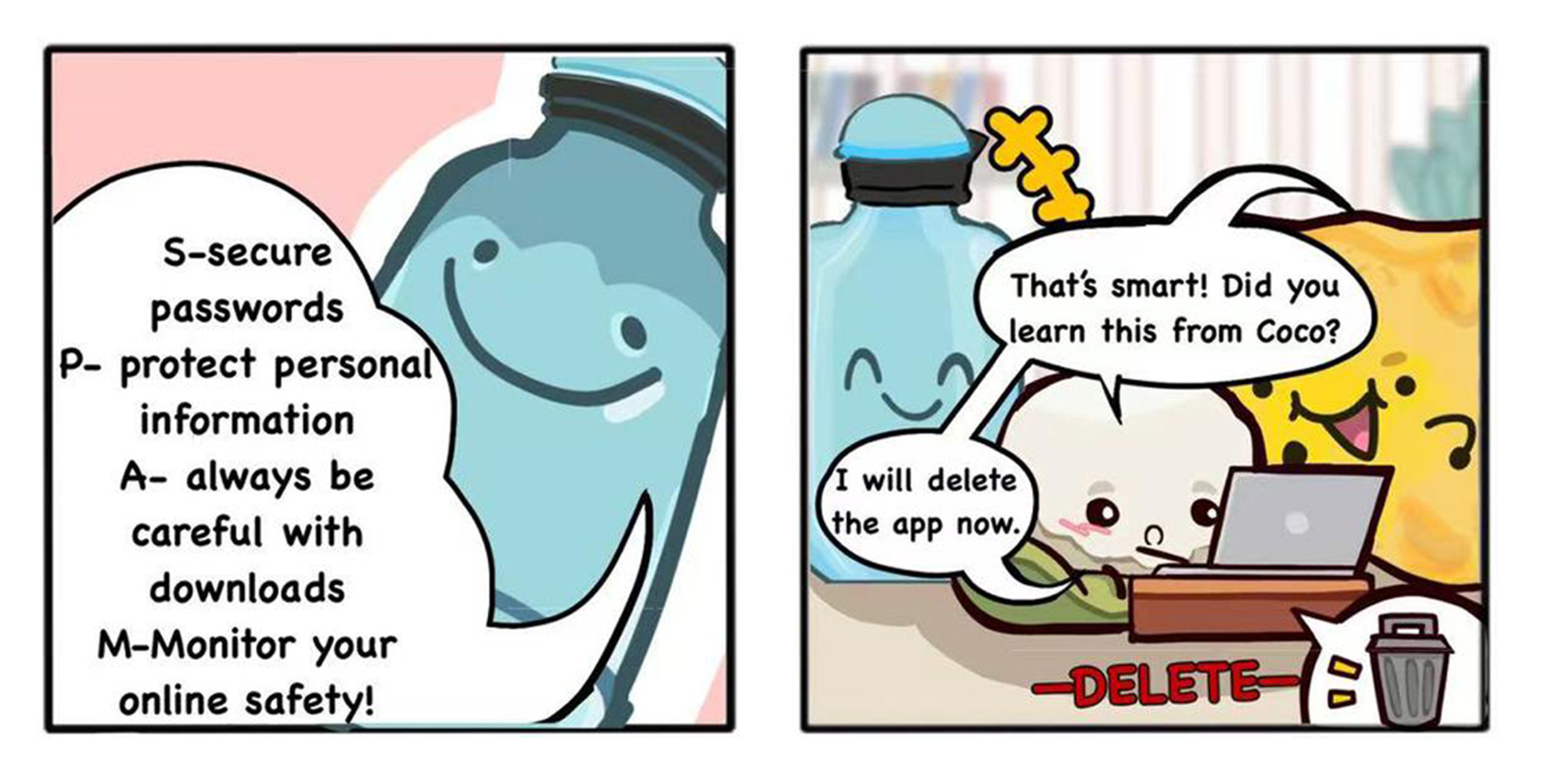 Two-panel cartoon: bottle lists SPAM safety tips; character at laptop deletes an app as others smile.