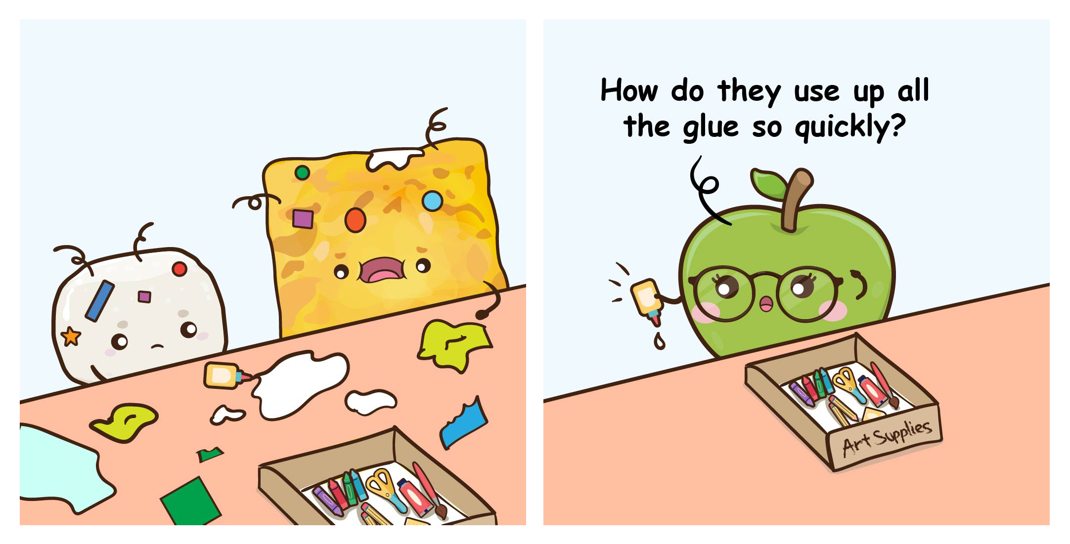 Cartoon: craft table with spilled glue; green apple holds glue, saying How do they use up all the glue so quickly?