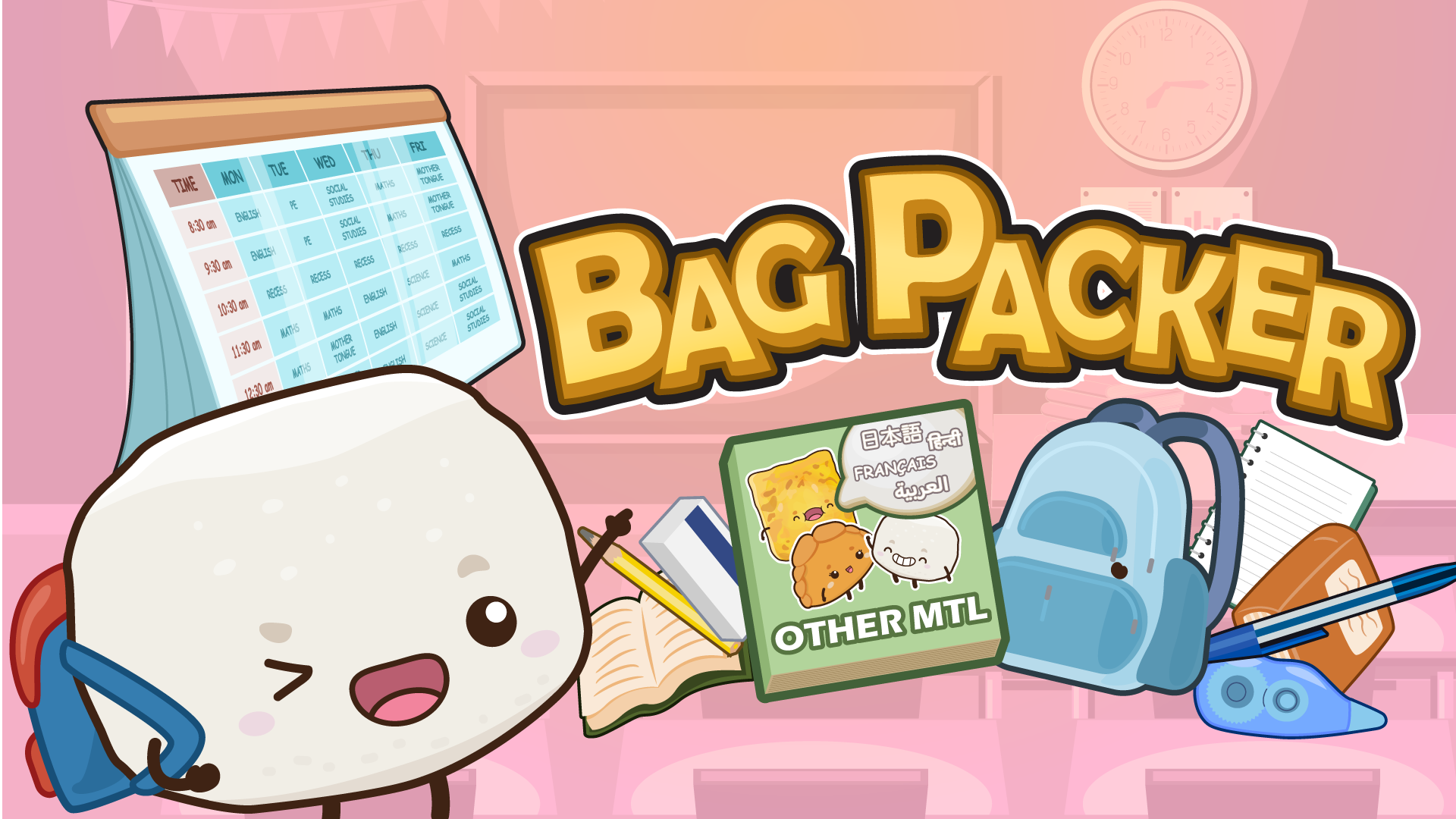 Card title titled "BAG PACKER" featuring Bouncy winking beside a weekly school timetable, stationery, an "OTHER MTL" textbook, and a light blue backpack.