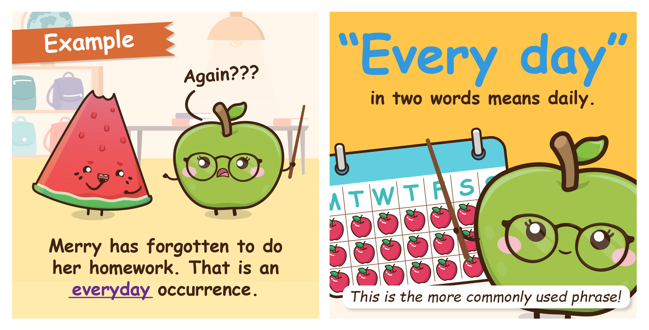 Two-panel comic demonstrating "everyday" with Merry forgetting homework, followed by Ms. G defining two-word "Every day" as meaning daily.