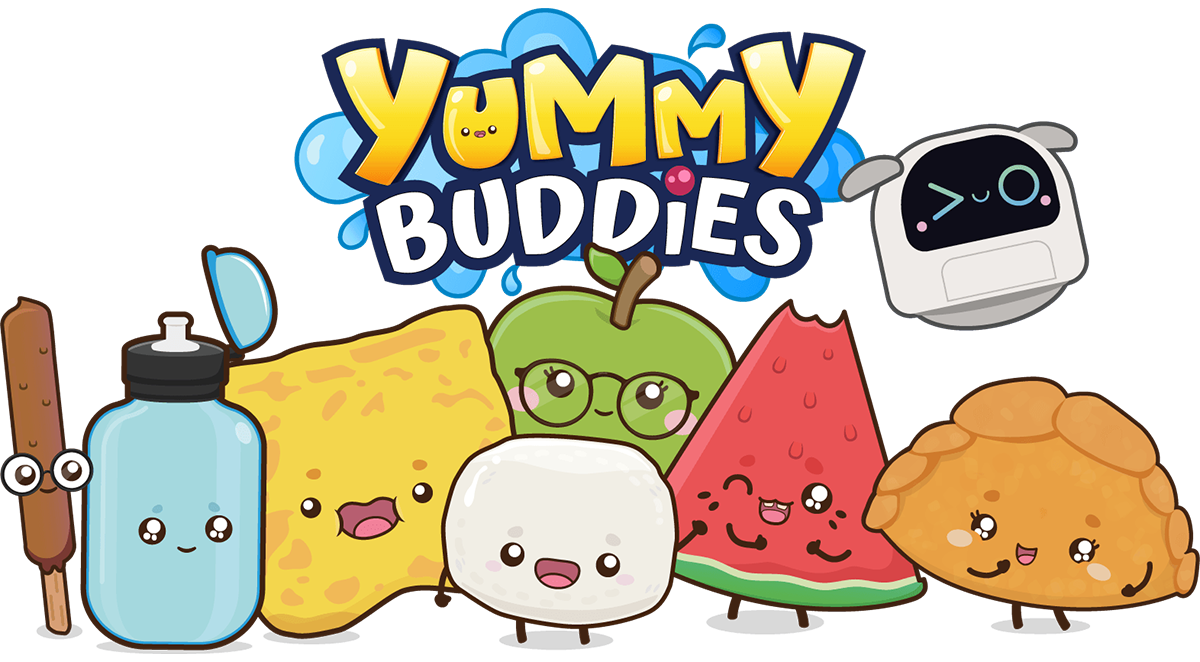 Yummy Buddies characters gathered together beneath the Yummy Buddies logo against a plain white background.