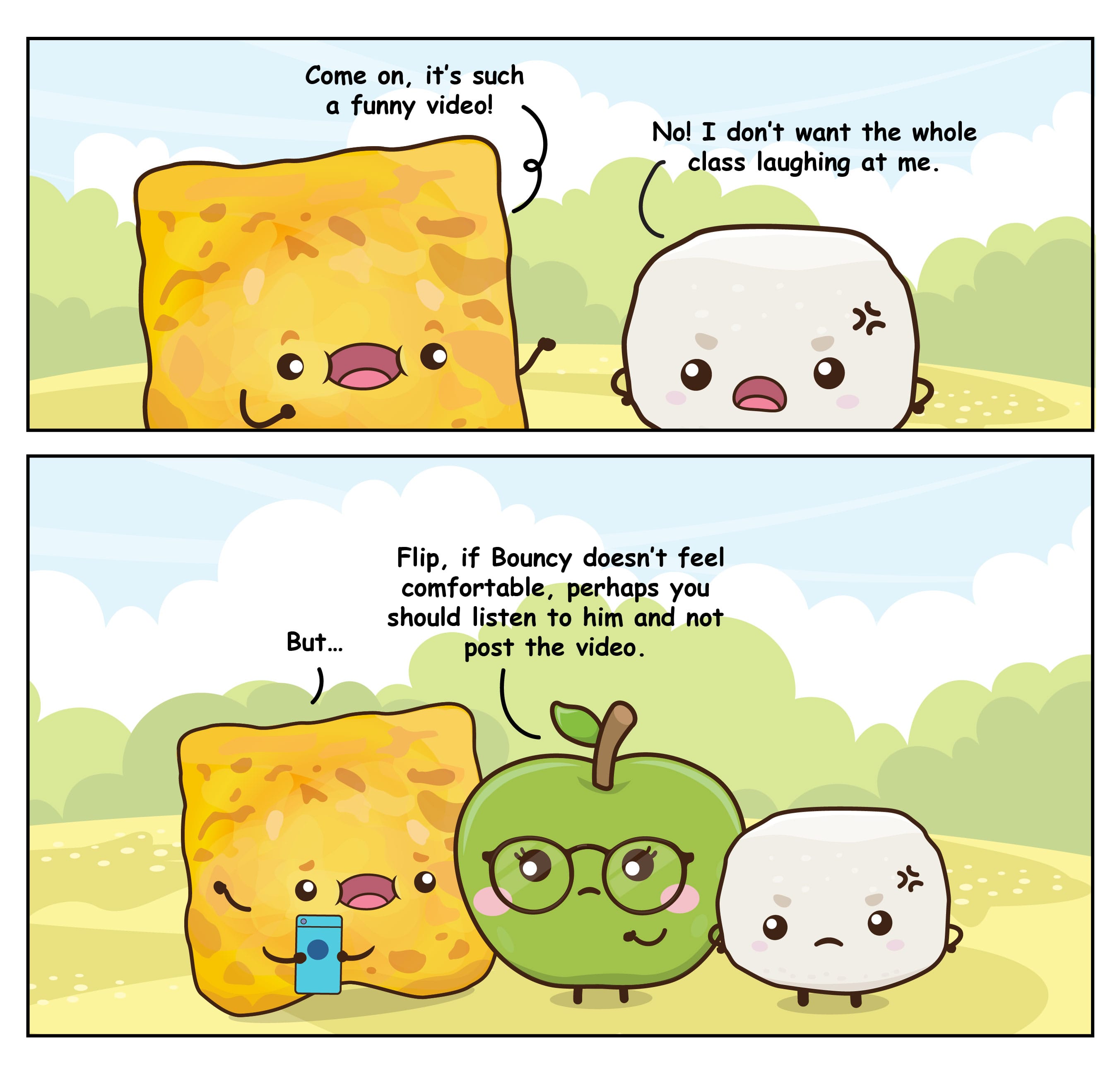 Cartoon: cracker urges posting a video; marshmallow refuses; green apple with glasses advises not to post.