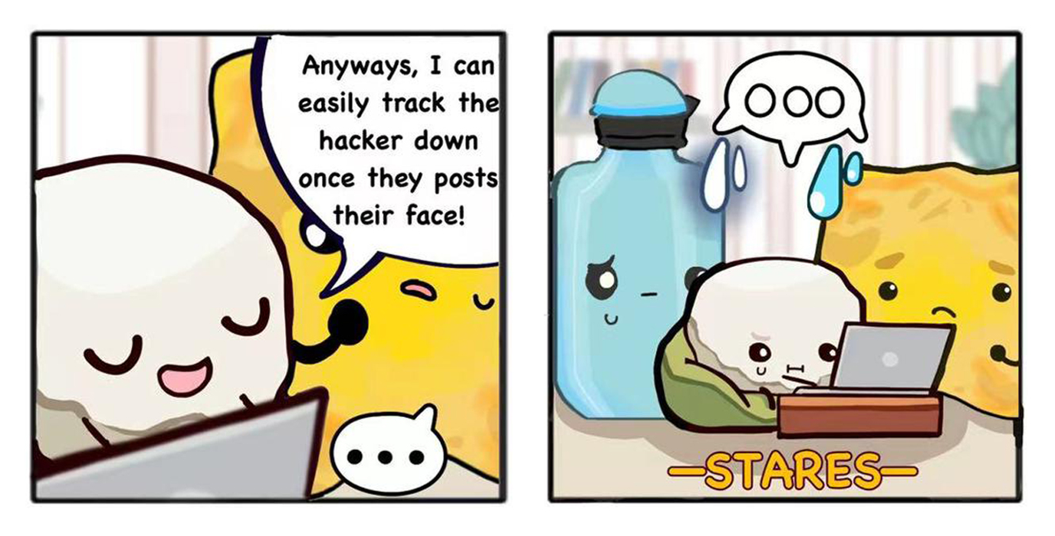 Two-panel cartoon: character says they can track a hacker; others stare silently at laptop, “STARES” below.