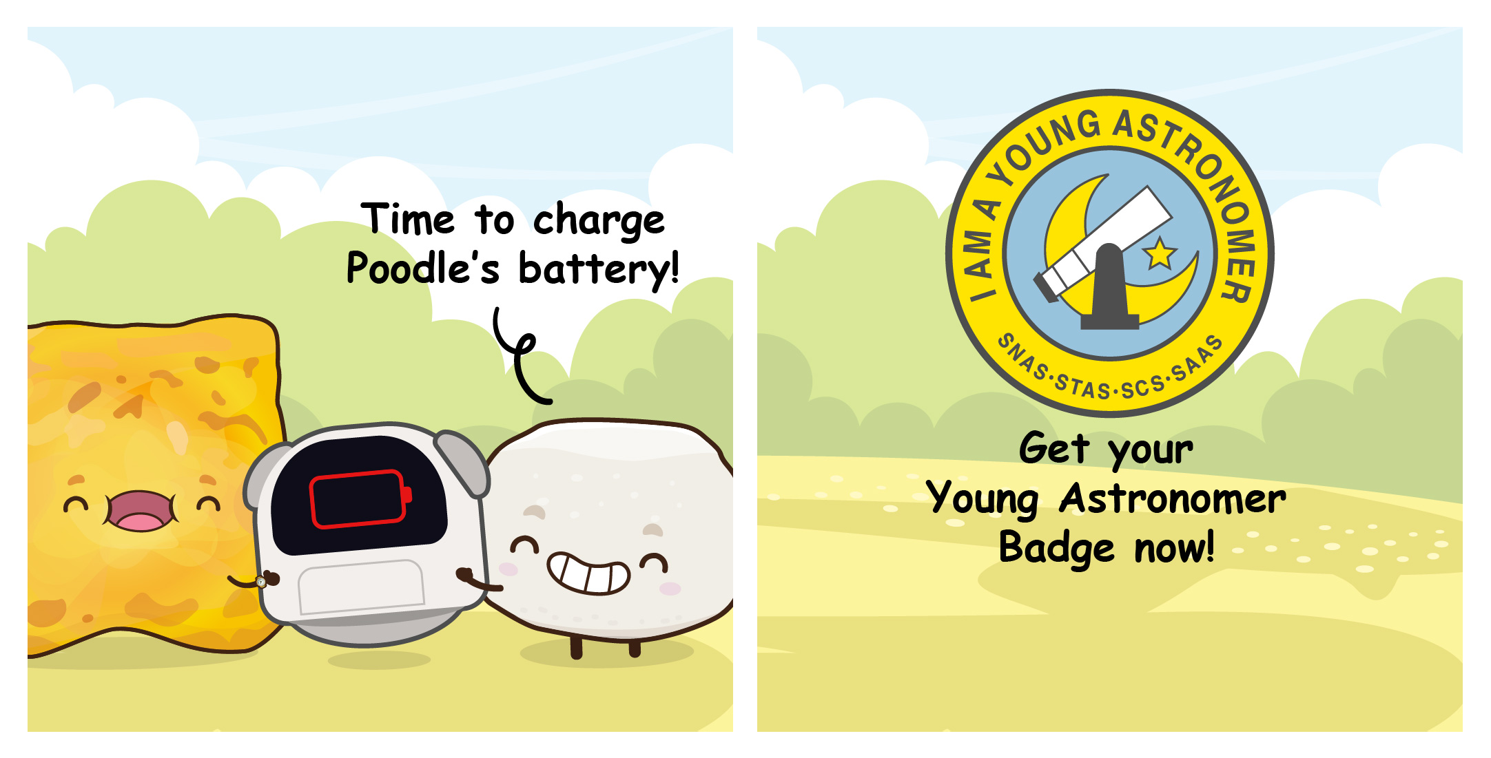Two-panel comic where Bouncy decides to charge Poodle, alongside a promo graphic for the Young Astronomer Badge.