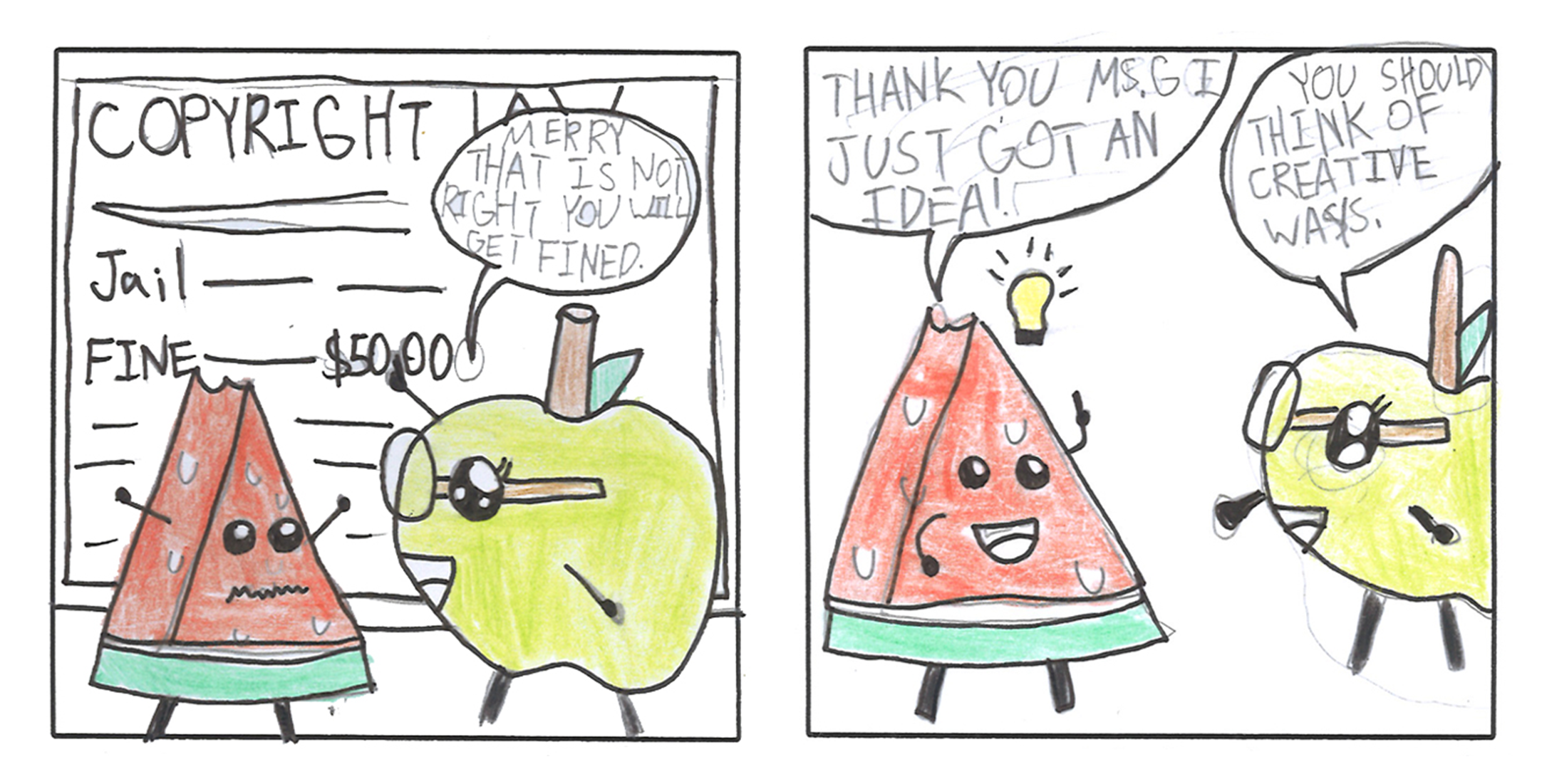 Two-panel cartoon: apple warns watermelon about copyright fine; then watermelon gets an idea, apple says be creative.