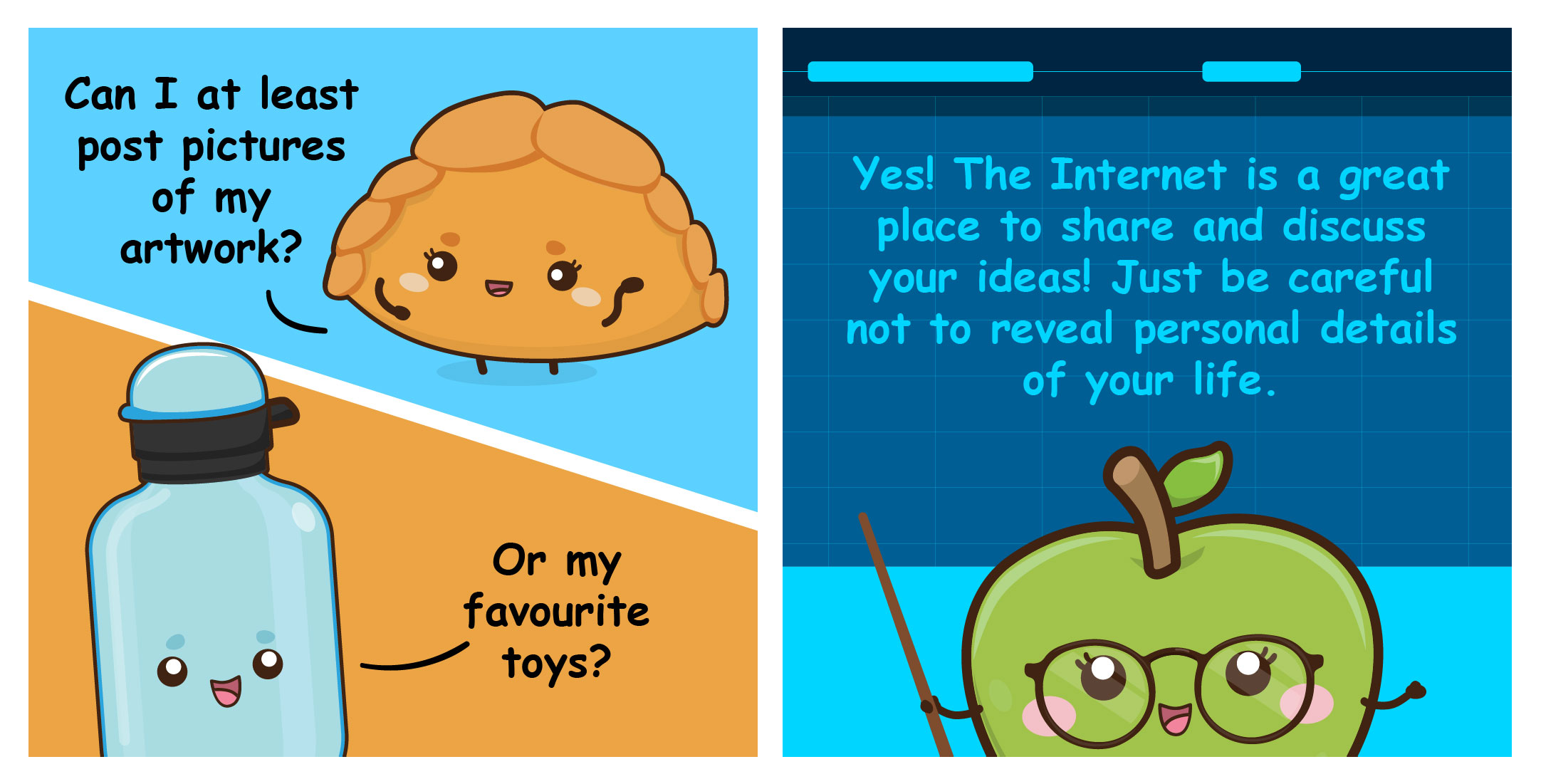 Two-panel comic where Pok Pok and Wata ask if they can share photos of artwork or toys online, and Ms G encourages creative sharing while reminding them not to reveal personal details.