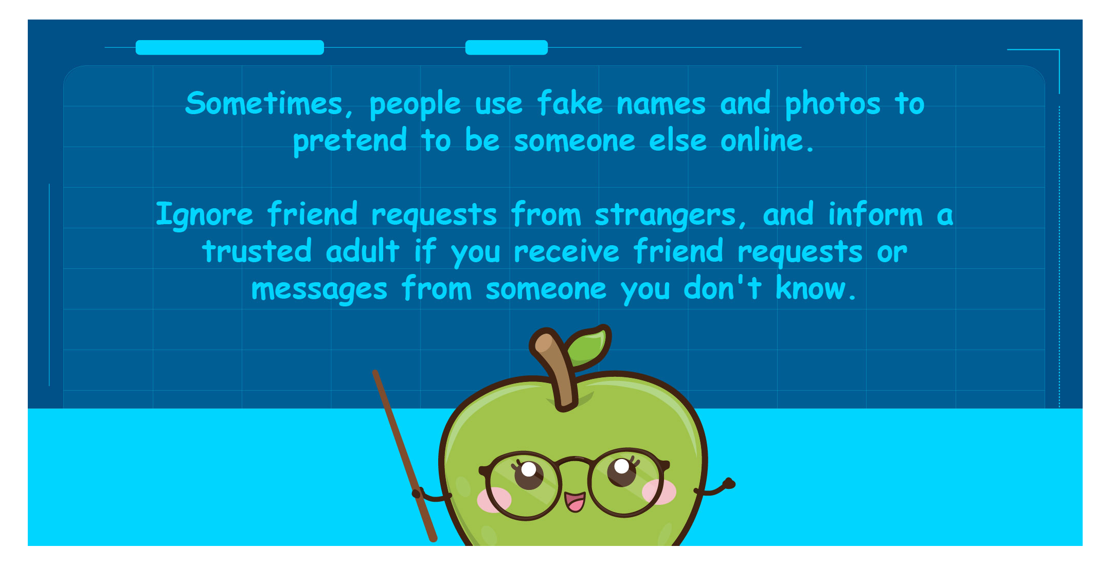 Cartoon apple teacher points at screen warning about fake online identities and ignoring friend requests from strangers.