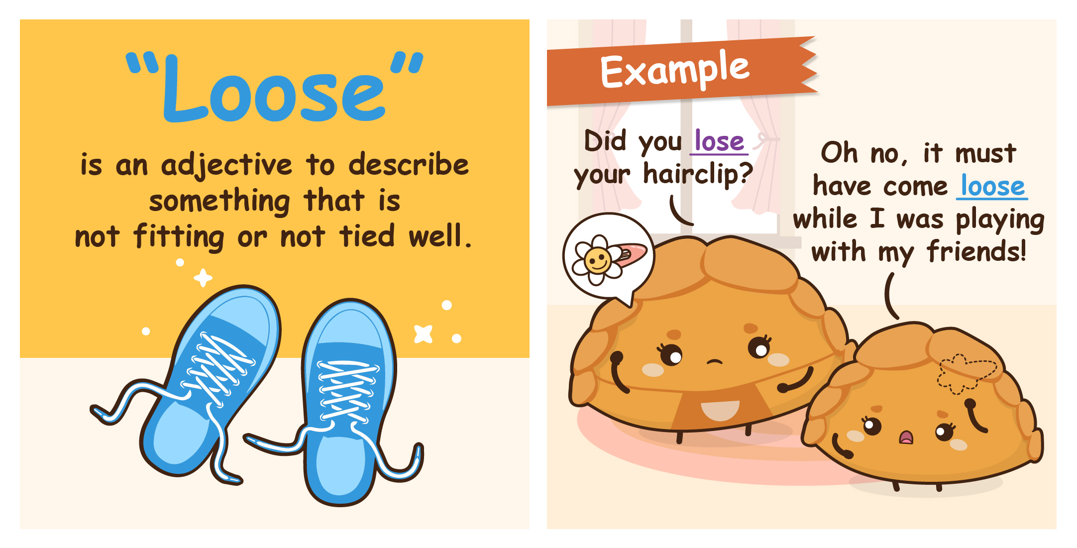 Two-panel comic defining "Loose" as an adjective for untied or ill-fitting things, followed by an example comic where curry puff characters use both "lose" and "loose".