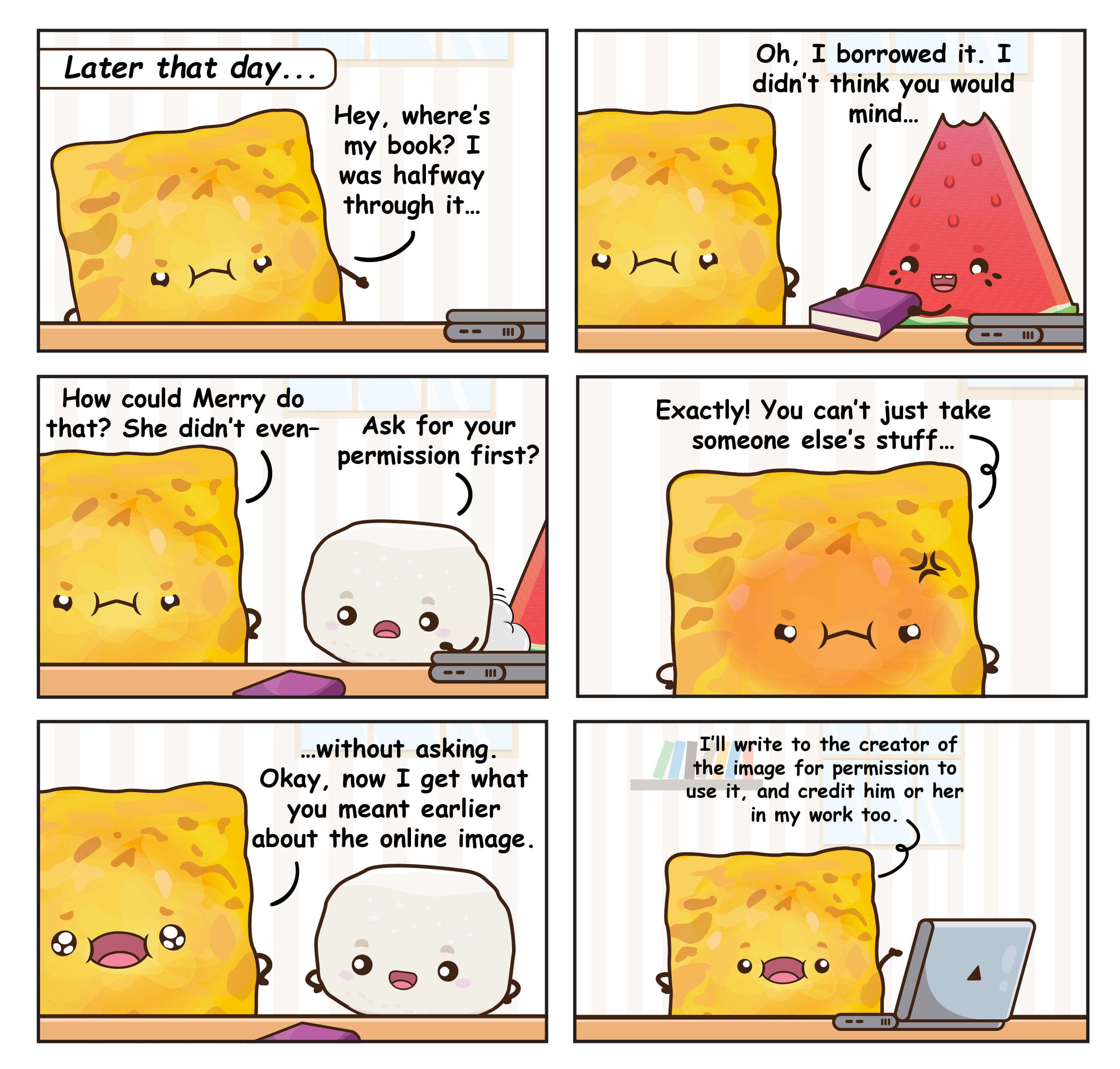Six-panel comic: waffle learns borrowing without permission is wrong; decides to ask image creator and credit.