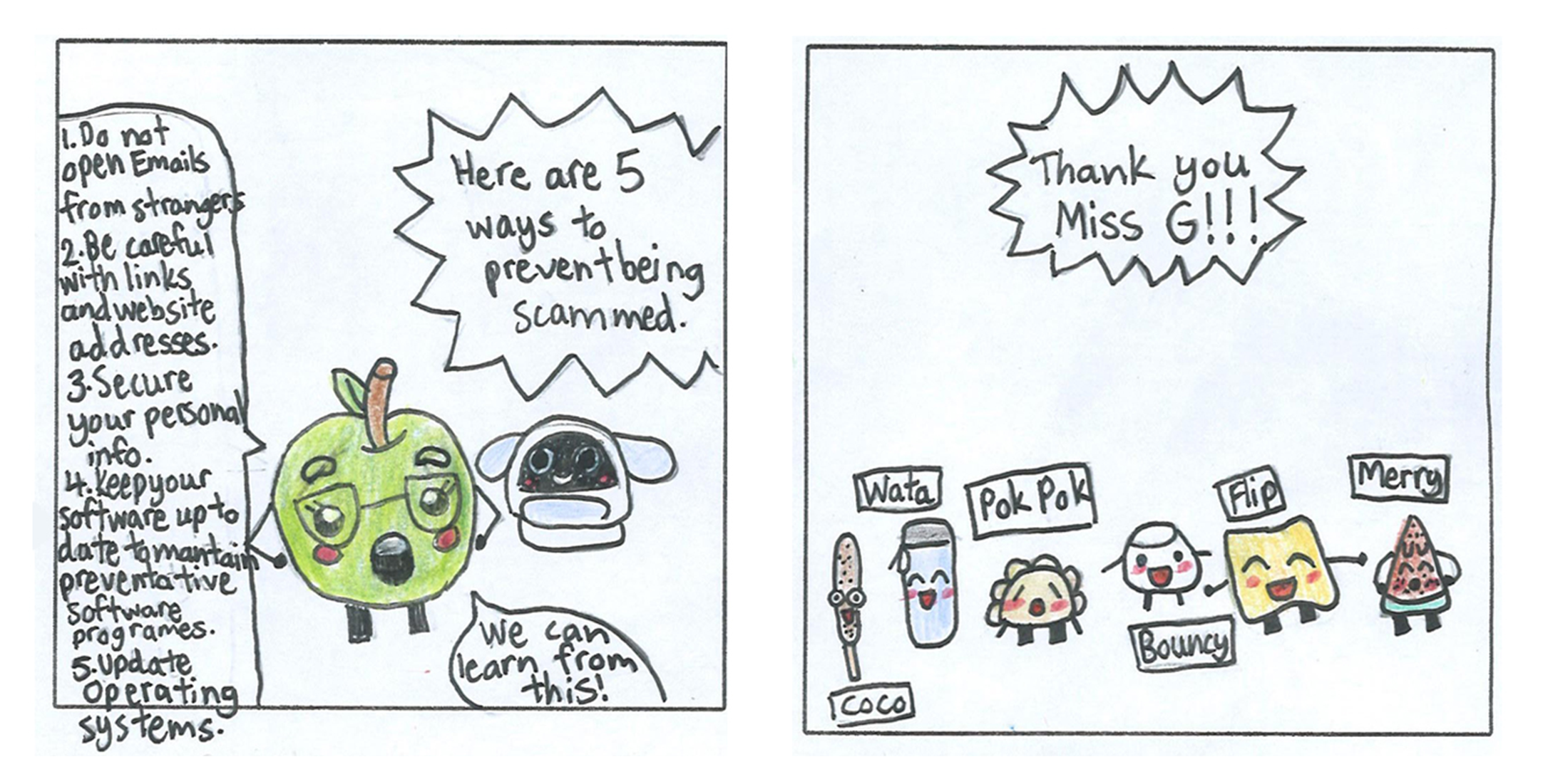 Two-panel cartoon: left lists 5 scam-prevention tips; right shows smiling characters saying Thanks you Miss G!!!