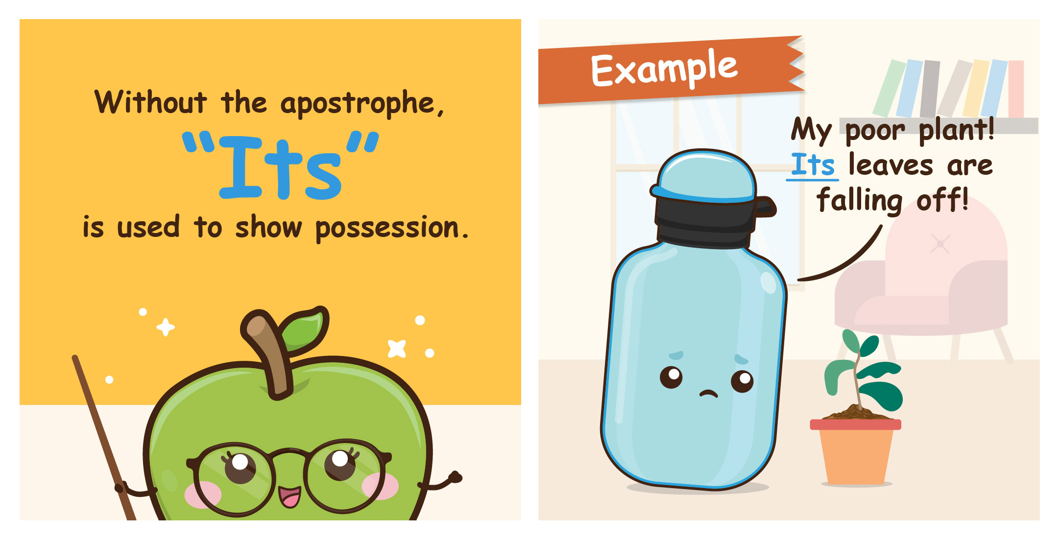 Two-panel comic where Ms. G explains possessive "Its" and Wata demonstrates its use while worrying about a drooping houseplant.