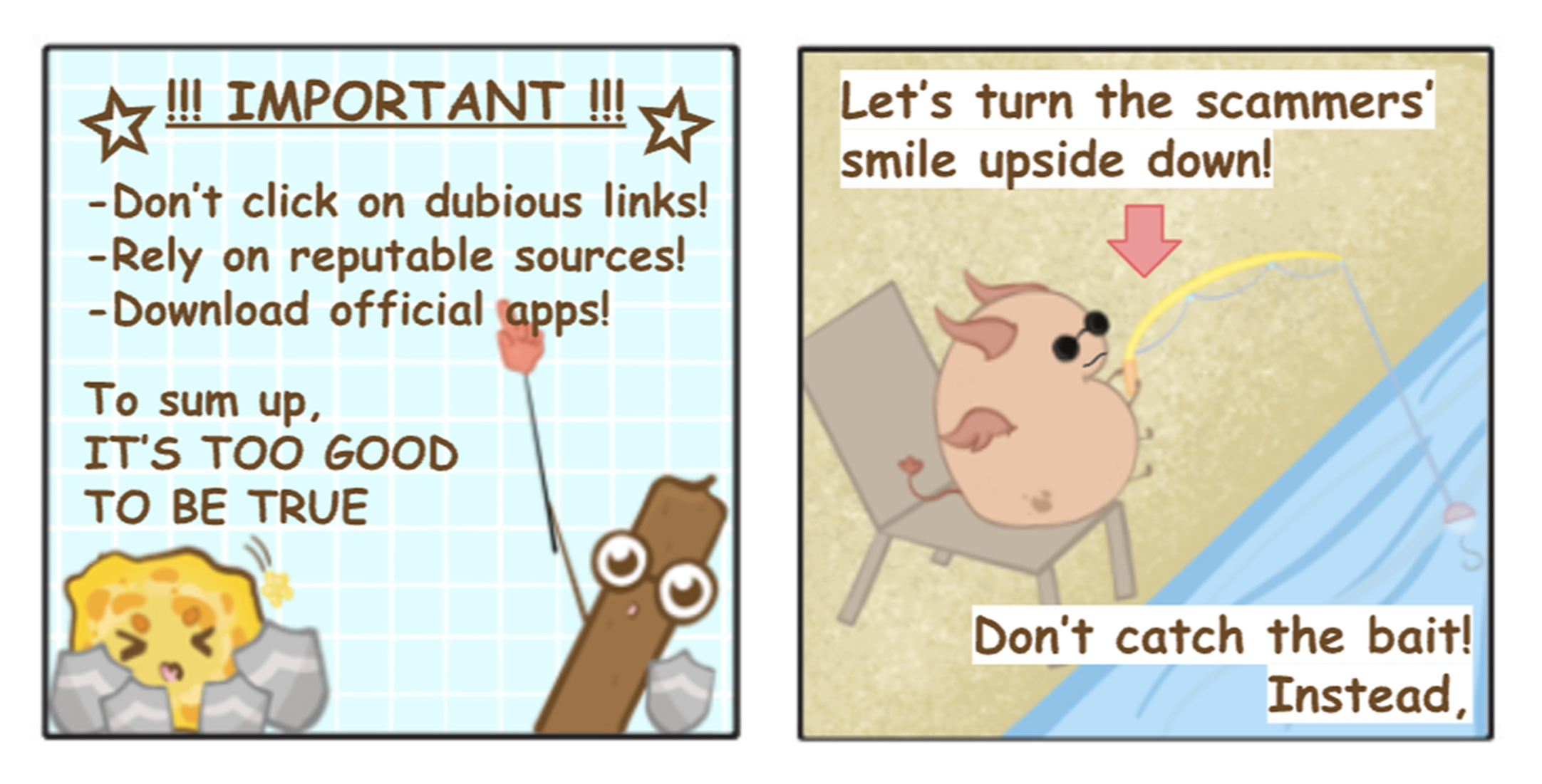 Two-panel cartoon warns against scams; tips list on left, pig with fishing rod on right says don’t catch bait.