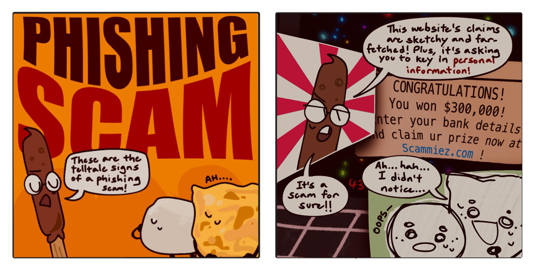 Two-panel cartoon warns of phishing scams; a pop-up prize asks for bank details, character calls it sketchy.
