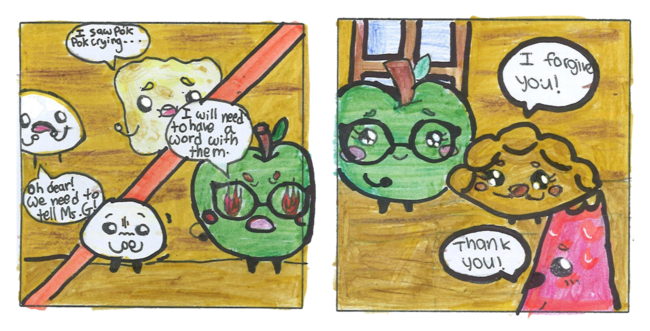 Two-panel comic: angry green apple talks to friends; then apple hugs pastry saying I forgive you, thank you.