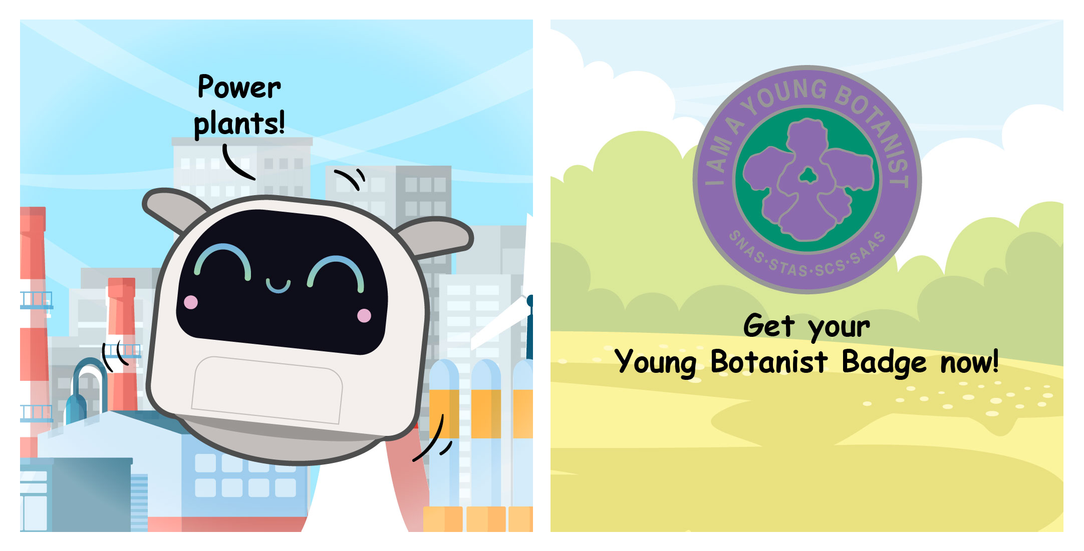 Two-panel comic concluding panel where Poodle jokes about growing "power plants," alongside a promo graphic for the Young Botanist Badge.