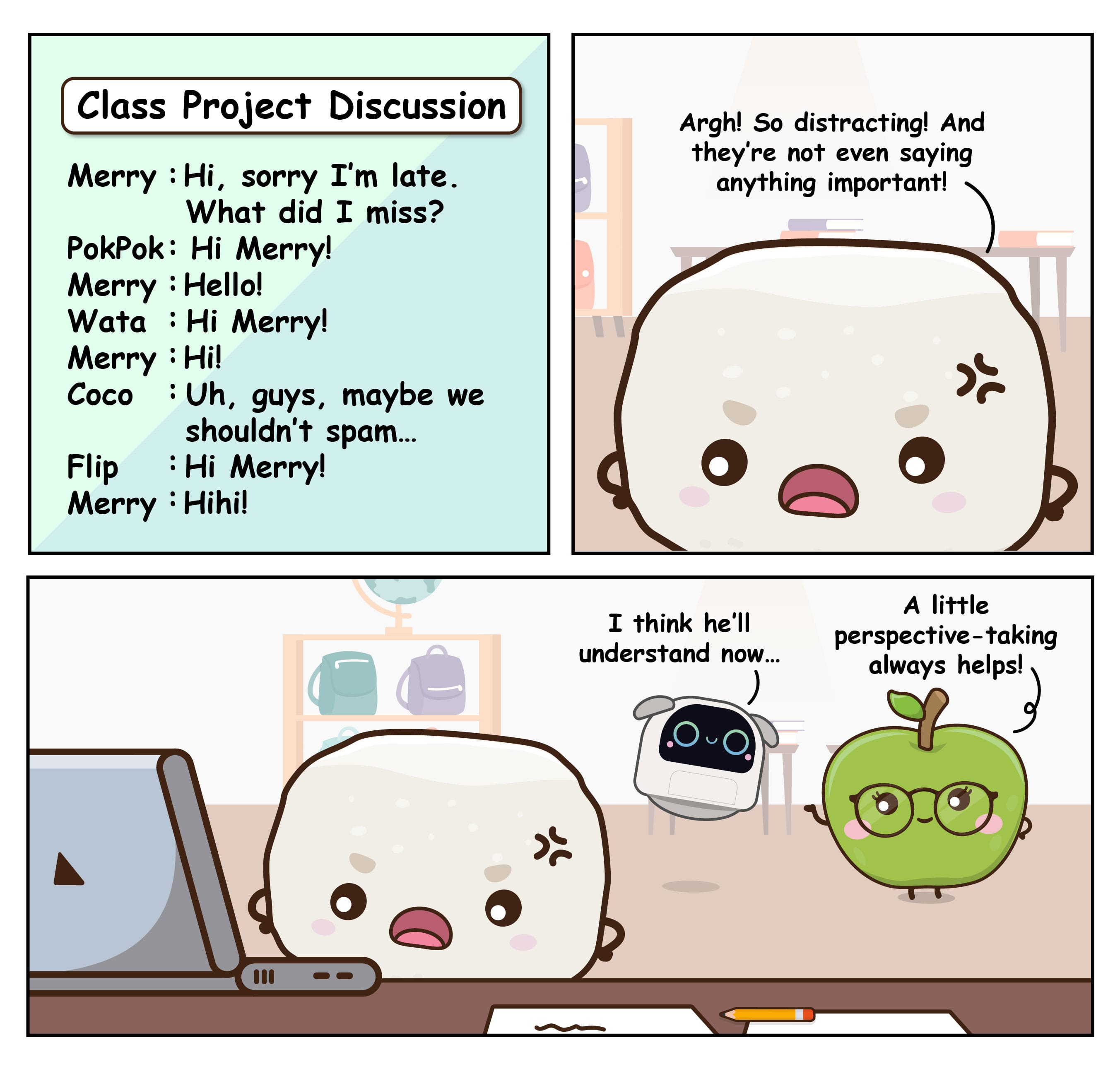 Comic: chat spam annoys a student; later a robot and a glasses-wearing apple advise perspective-taking.