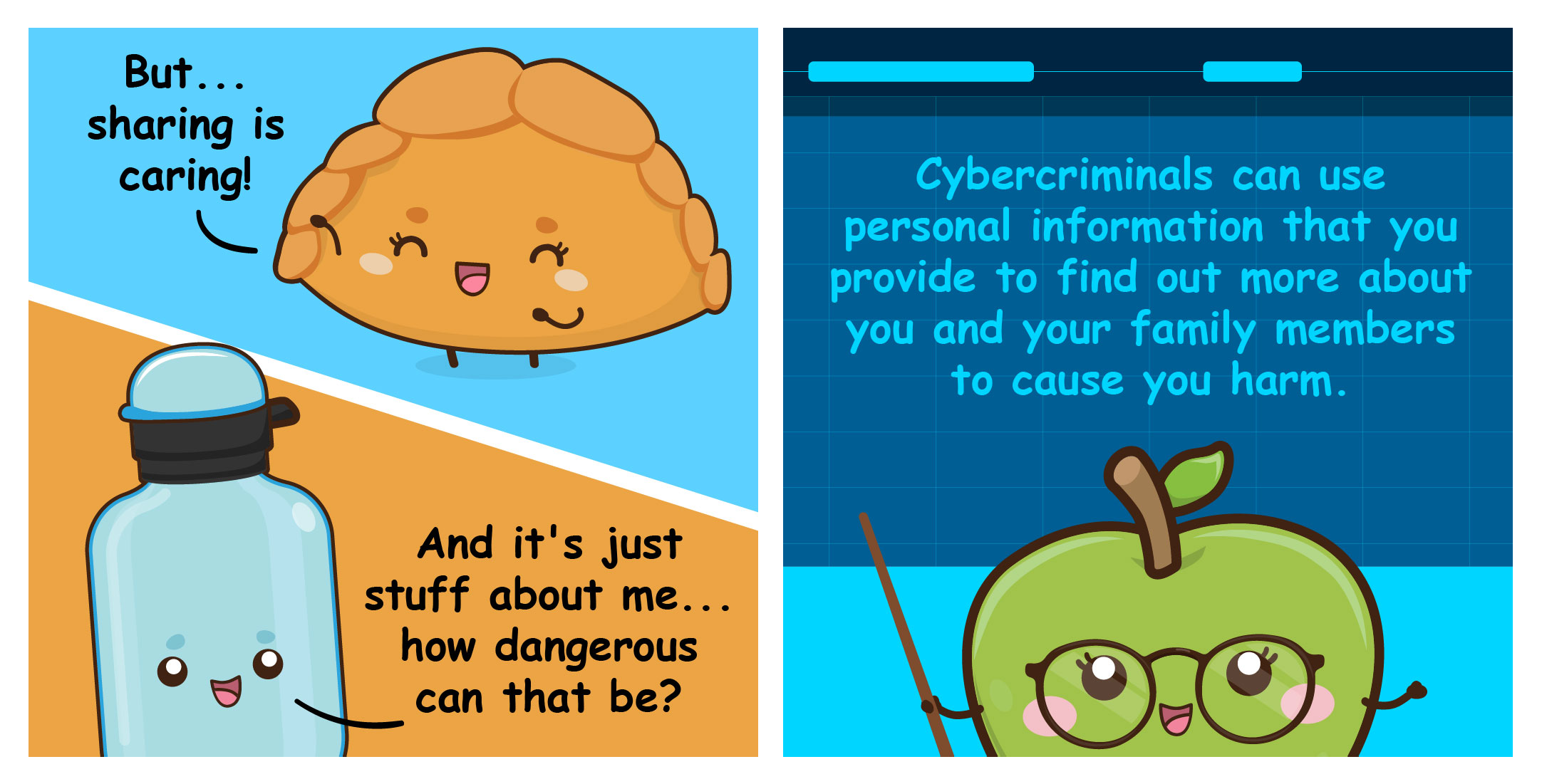 Two-panel comic where Pok Pok and Wata question the risks of sharing personal details online, while Ms G explains how cybercriminals can misuse personal information to cause harm.
