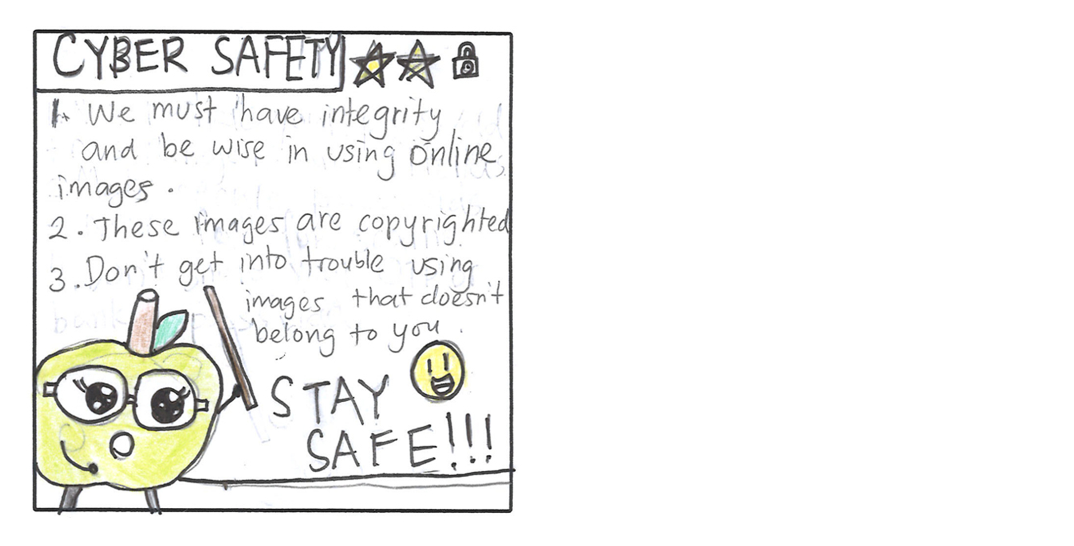Hand-drawn Cyber Safety poster with rules, an apple teacher holding a pointer, and text Stay Safe!!!
