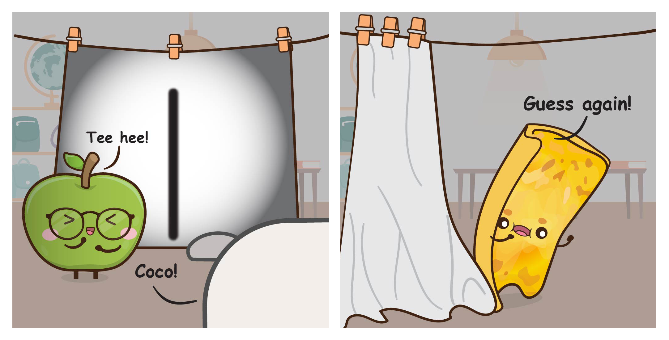 Two-panel cartoon: a green apple giggles at a white sheet, then a taco peeks out saying Guess again.