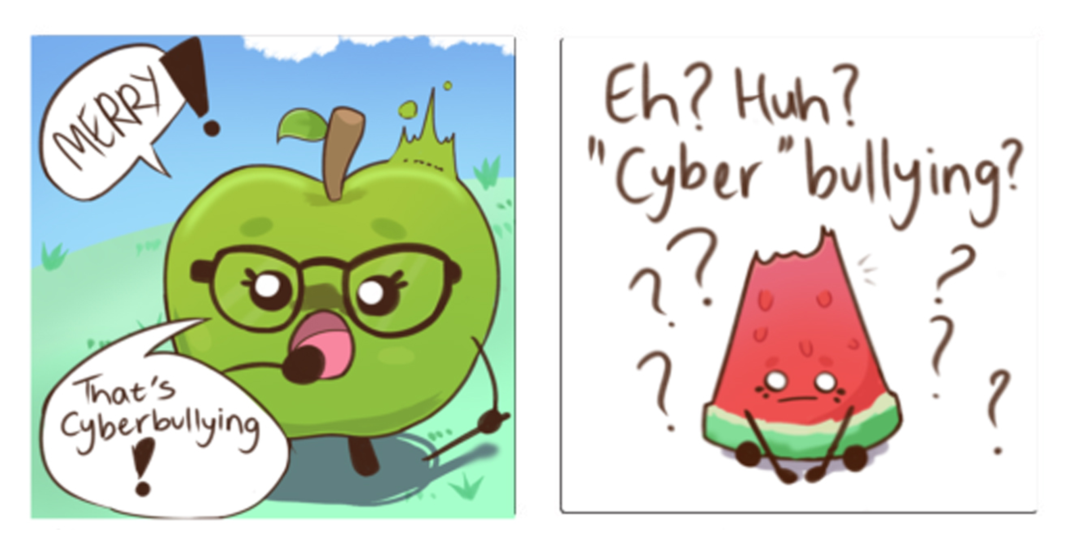 Cartoon apple with glasses yelling about cyberbullying; confused watermelon slice surrounded by question marks.