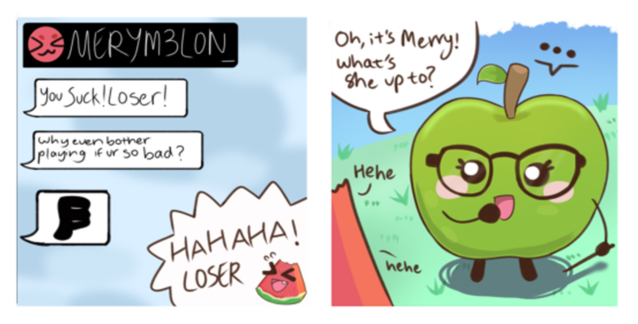 Cartoon: angry online comments on left; on right, a smiling green apple with glasses says, Oh, it's Memy!