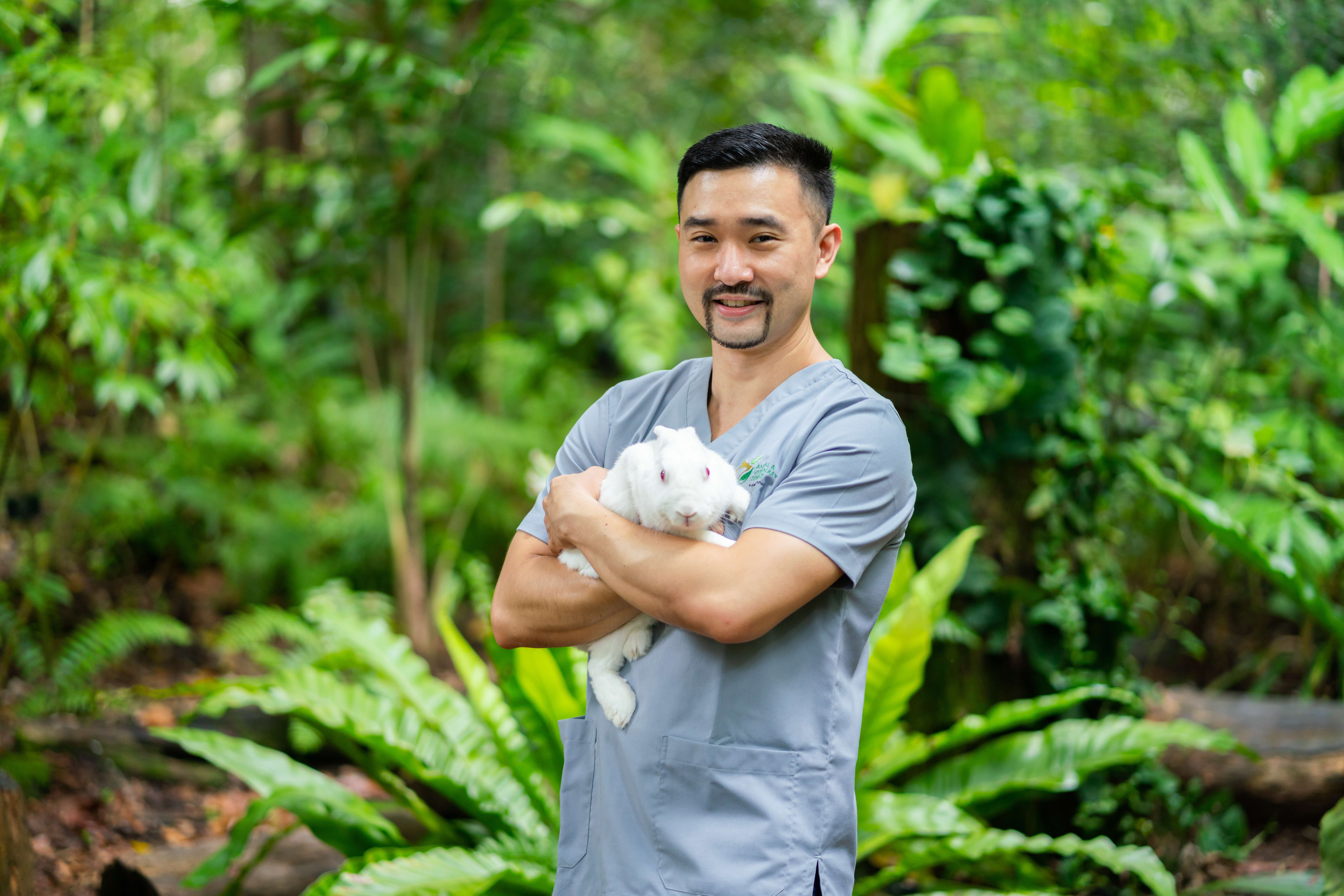 A photograph of a vet holding a rabbit in a lush garden