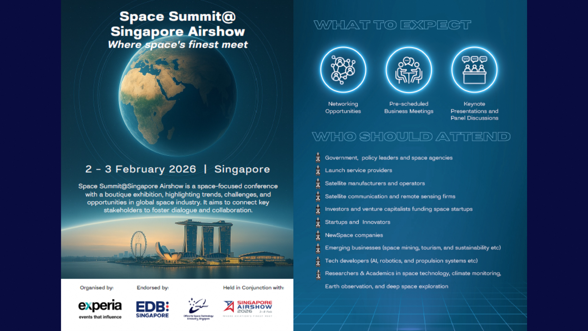 Space Summit@Singapore Airshow 2026 poster with event details, registration, and attendee information.