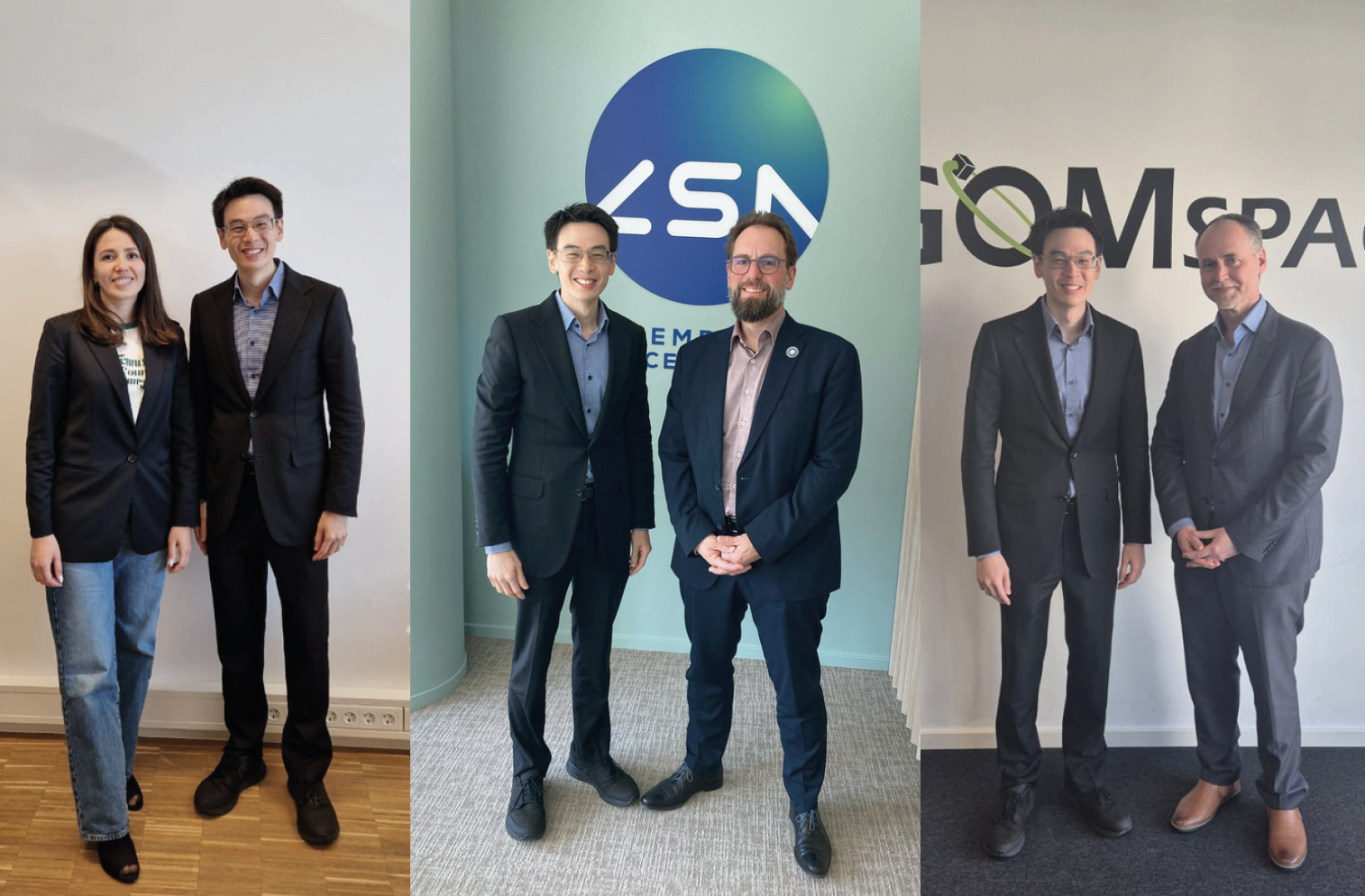Three side-by-side images show pairs of people in business attire posing in front of company logos.