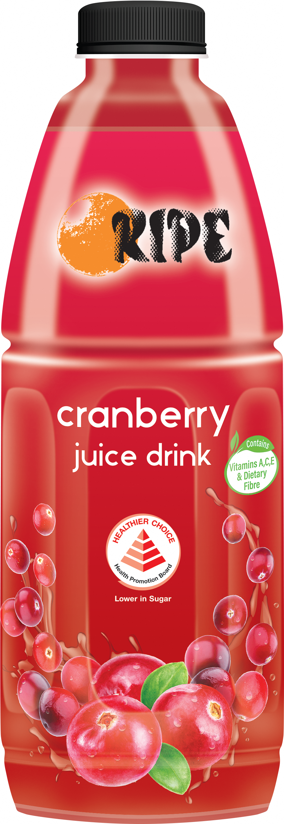 A red bottle labeled "RIPE cranberry juice drink" with images of cranberries and health benefits printed on it.