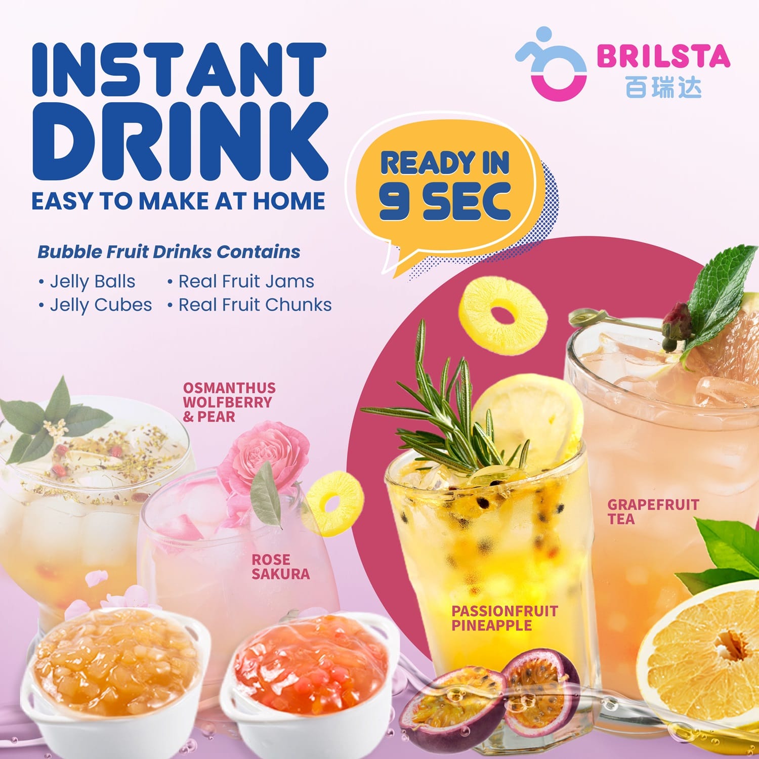 Advertisement for Brilsta instant drinks featuring various fruit beverages with jelly ingredients, ready in 9 seconds.