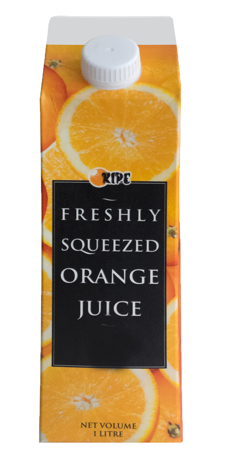 A carton of freshly squeezed orange juice with images of oranges and a net volume of 1 liter.