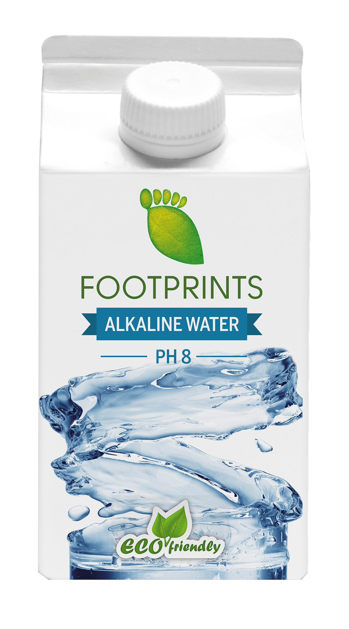 A carton labeled "Footprints Alkaline Water pH 8" with swirling water graphics and an "ECO friendly" logo.