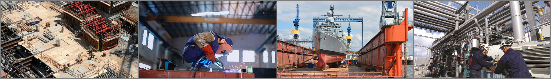 Four industrial scenes: aerial construction site, welder with sparks, ship in dry dock, and worker among large pipes.