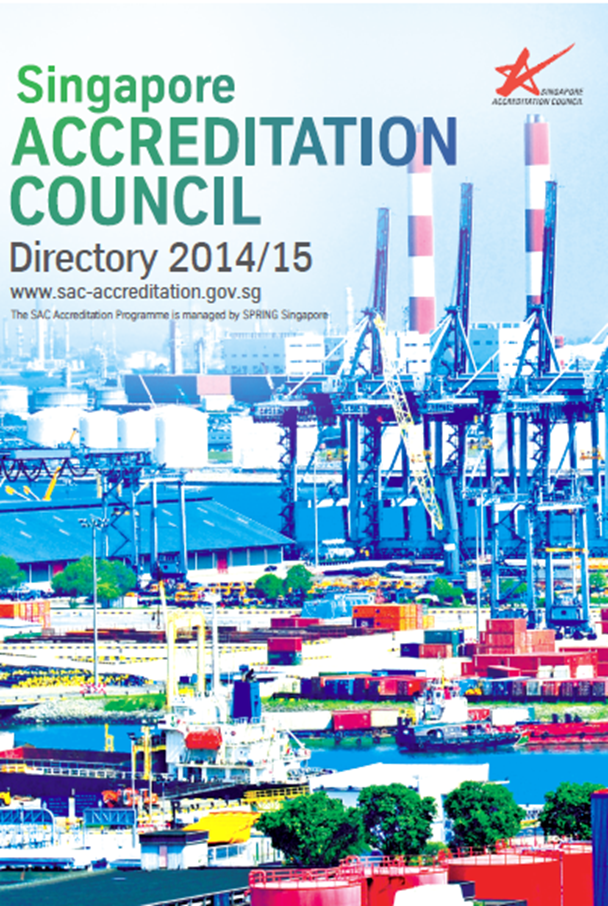 Cover of Singapore Accreditation Council Directory 2014/15 showing a colorful port with cranes and containers.