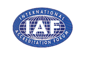 Blue oval badge with globe design, letters IAF, reading International Accreditation Forum
