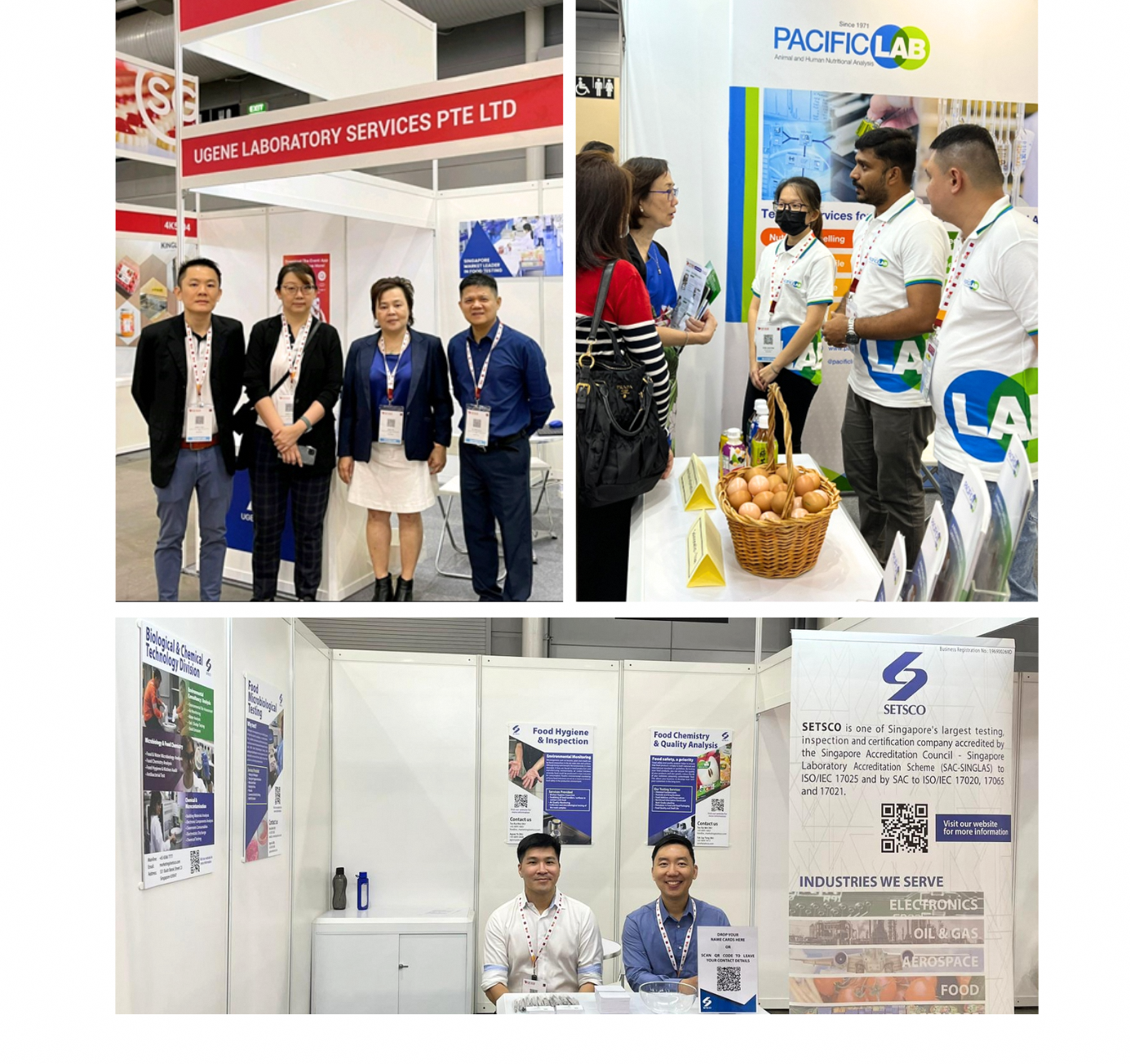 Three trade show booths: Ugene Laboratory, Pacific Lab, and Setsco, with attendees posing and networking at each stand.