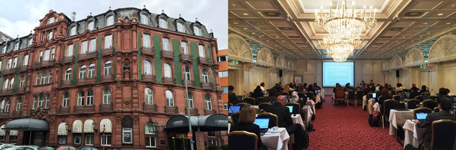 Red ornate hotel exterior on the left; a conference room with attendees at laptops facing a screen on the right.