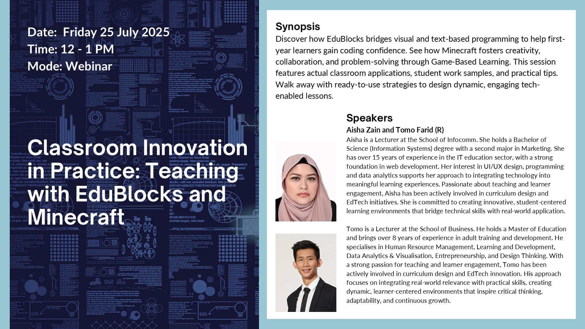 information on webinar - Classroom Innovation in Practice: Teaching with EduBlocks and Minecraft