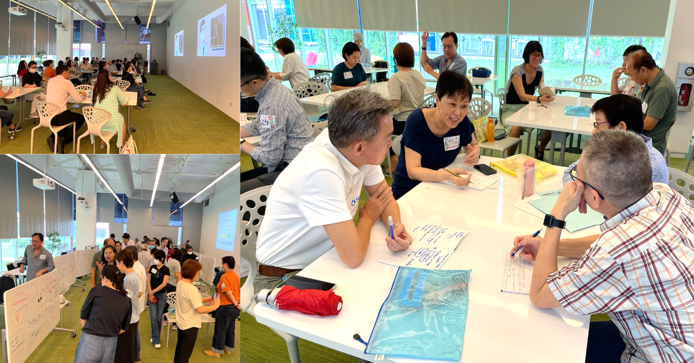 A collage of three photos from a learning event. One wide shot shows participants seated in a long hall with presentations projected on the wall. Another shows a group gathered around a white board for brainstorming. A close-up shows four participants seated at a table, deeply engaged in a discussion and taking notes.