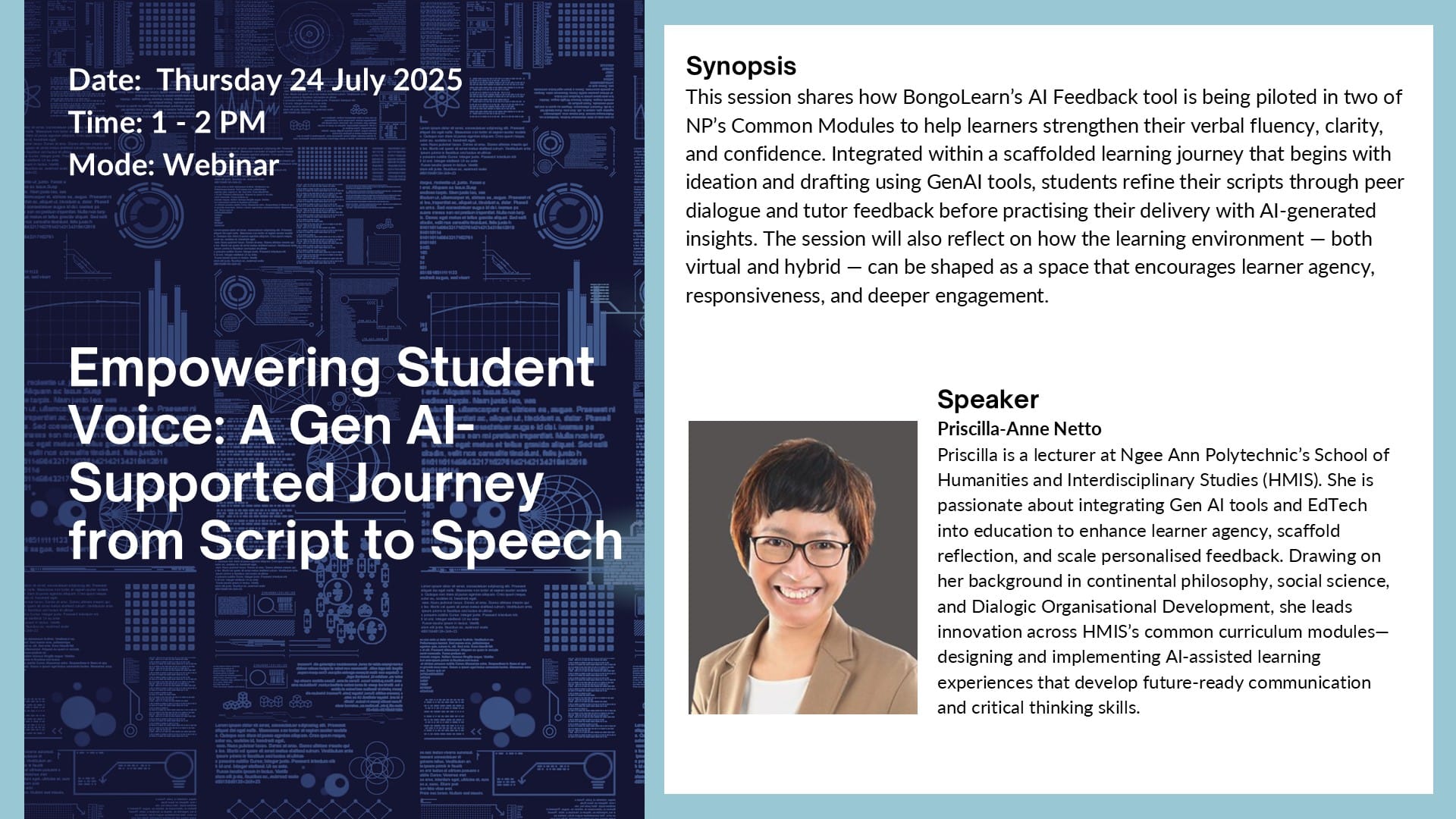 information on webinar - Empowering Student Voice: A GenAI-Supported Journey from Script to Speech
