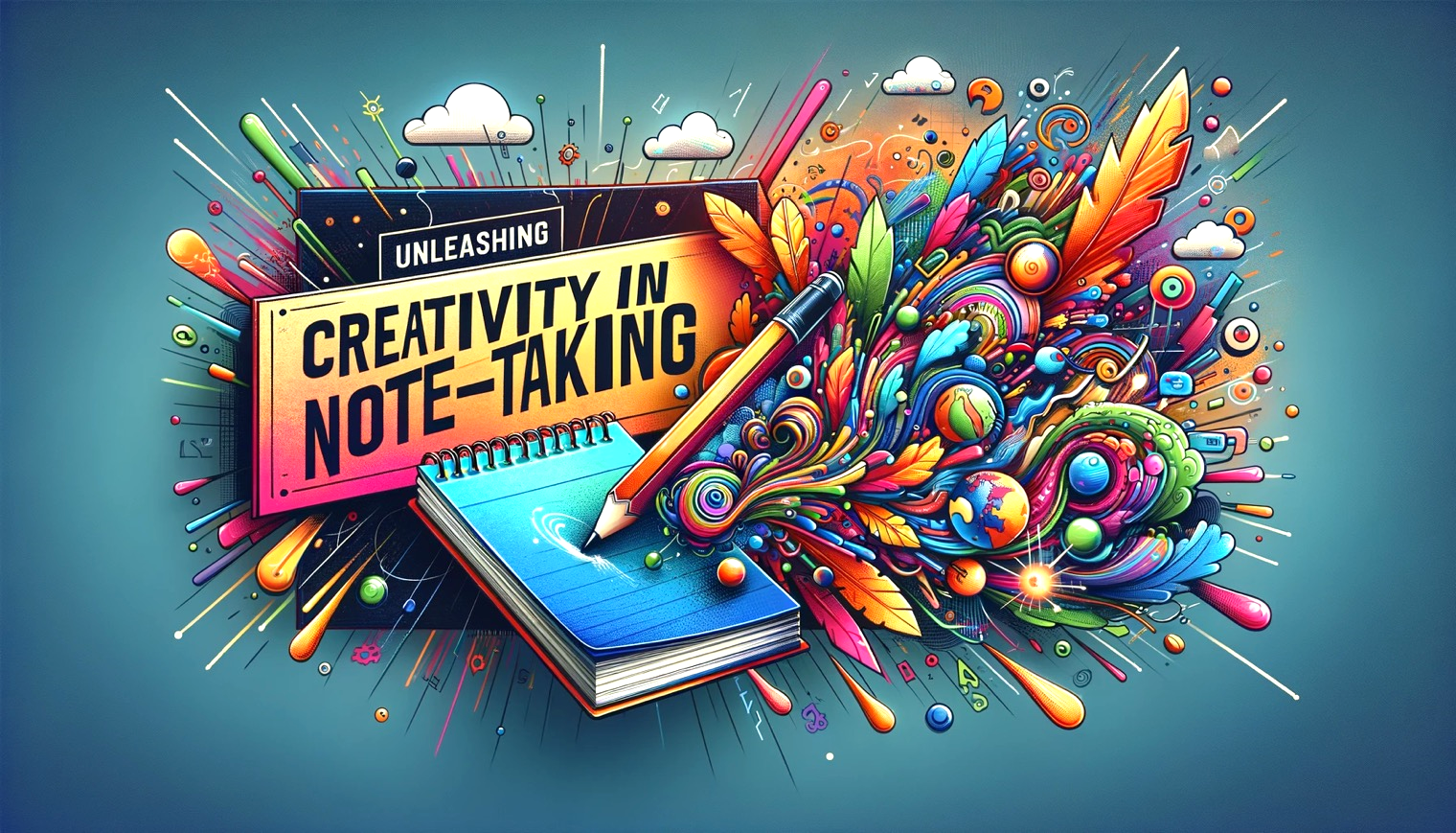 A vibrant, artistic graphic with the text 'UNLEASHING CREATIVITY IN NOTE-TAKING'. The image features a pencil writing on a blue notebook, with an explosion of colorful swirls, feathers, and abstract shapes bursting from the pages against a teal background.