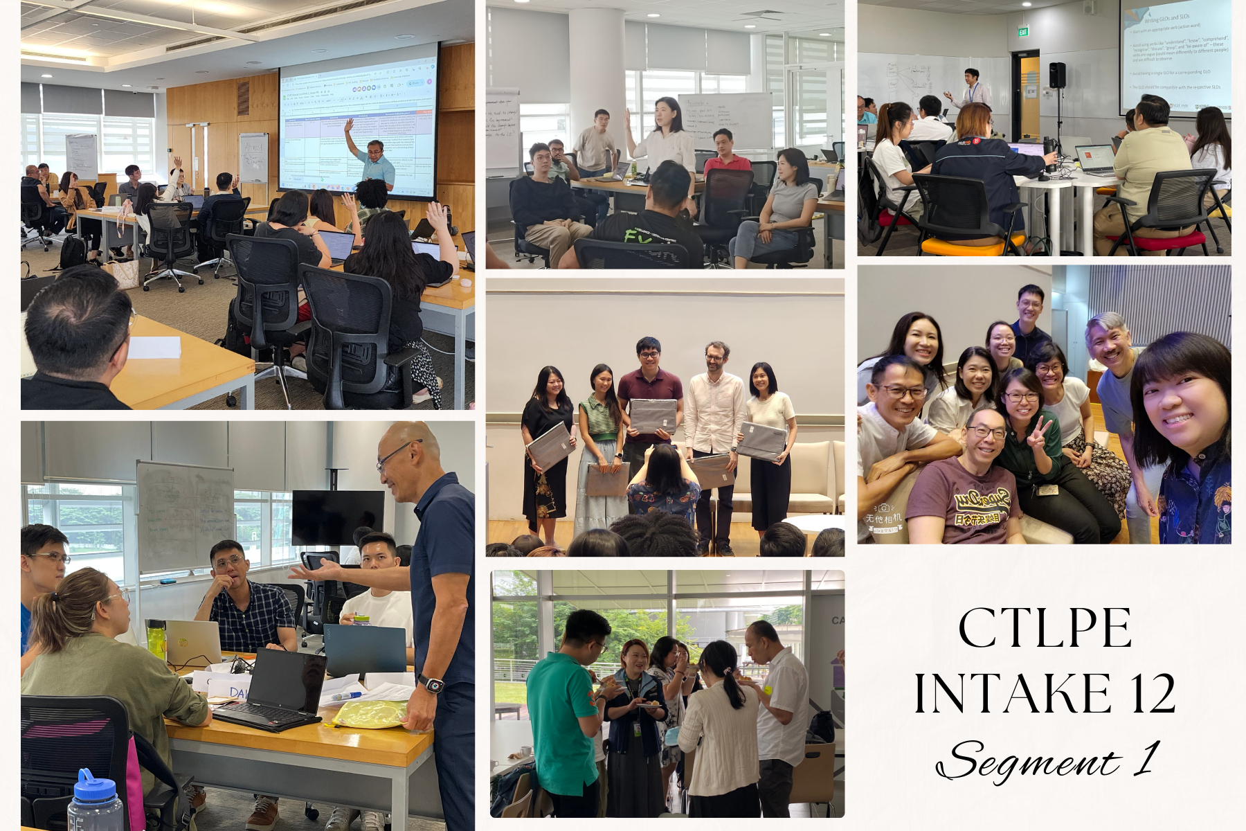 A collage of people in classrooms and group settings, some listening to presentations and others engaged in discussions.