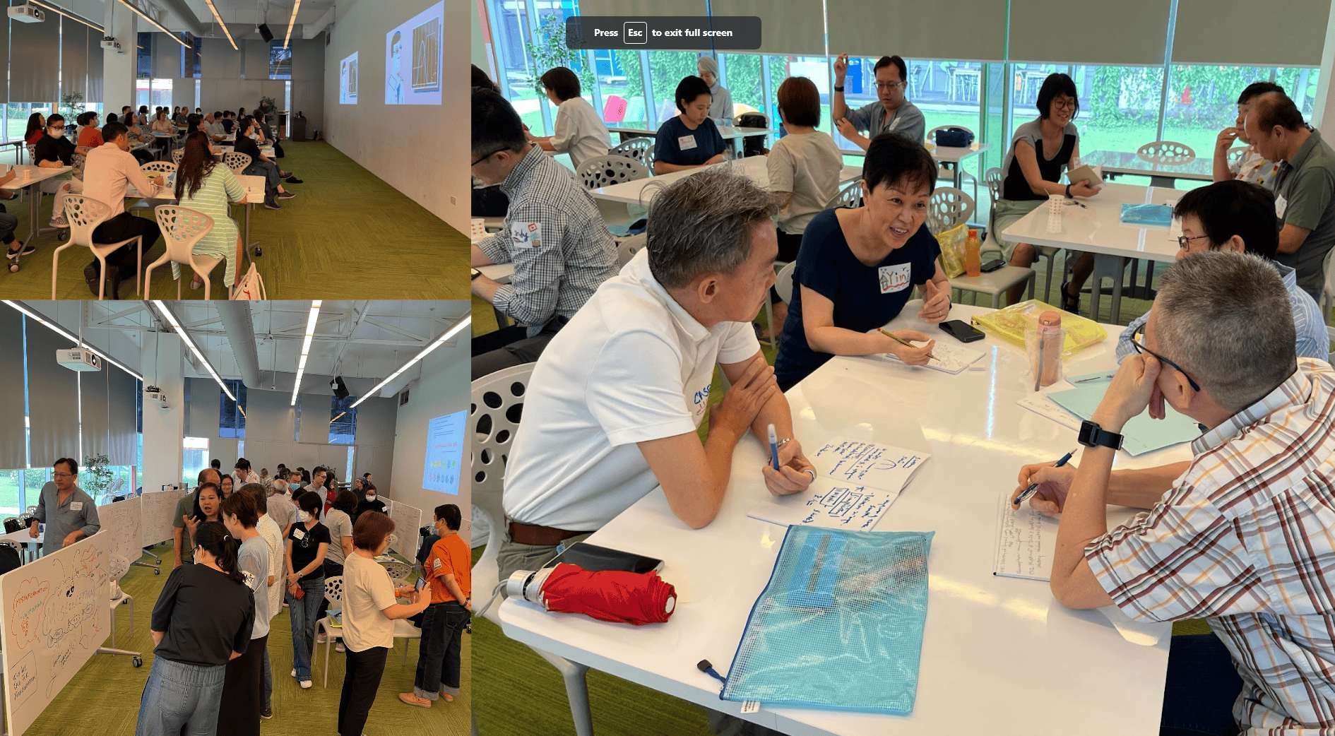 This is a montage of people sitting around a table discussing and walking around a gallery walk of their work.