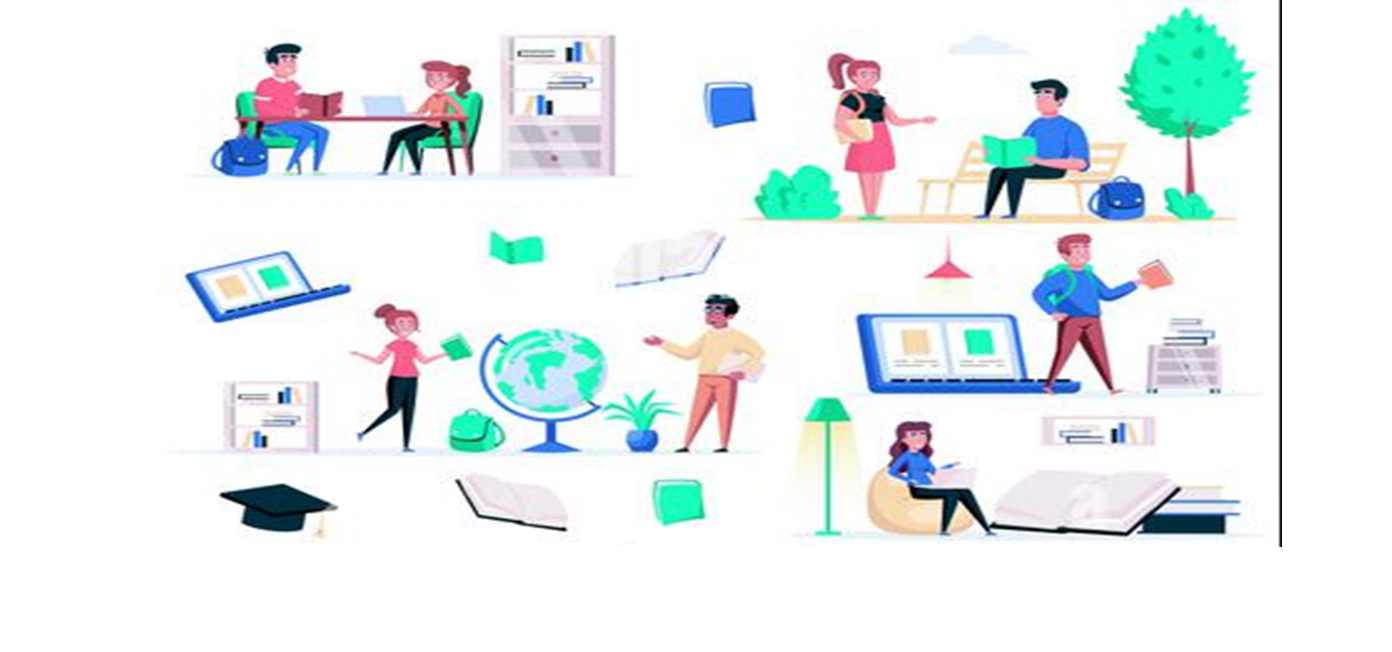 Image of illustation of people doing multiple tasks with others such as discussing around a table, reading a book, using their laptops etc.